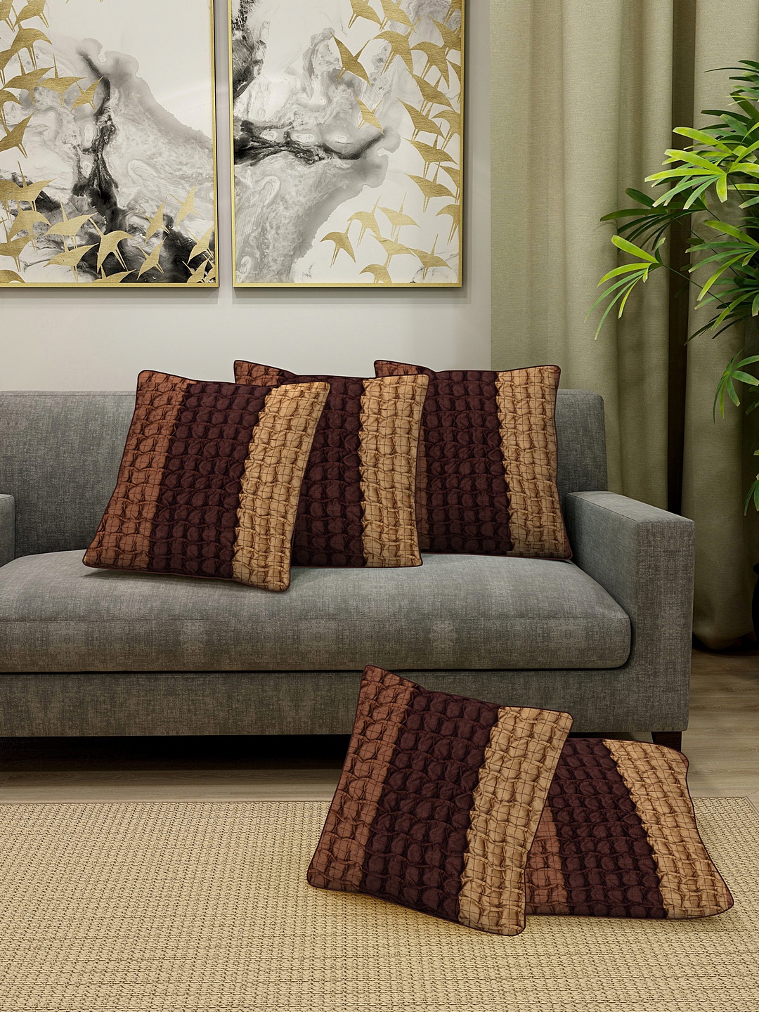 

DREAM WEAVERZ Brown & Beige Set of 5 Colourblocked Square Cushion Covers