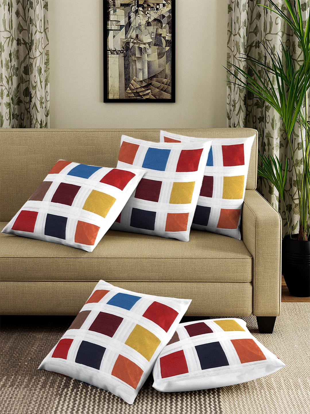 

DREAM WEAVERZ White Blue Set of 5 Geometric Square Cushion Covers