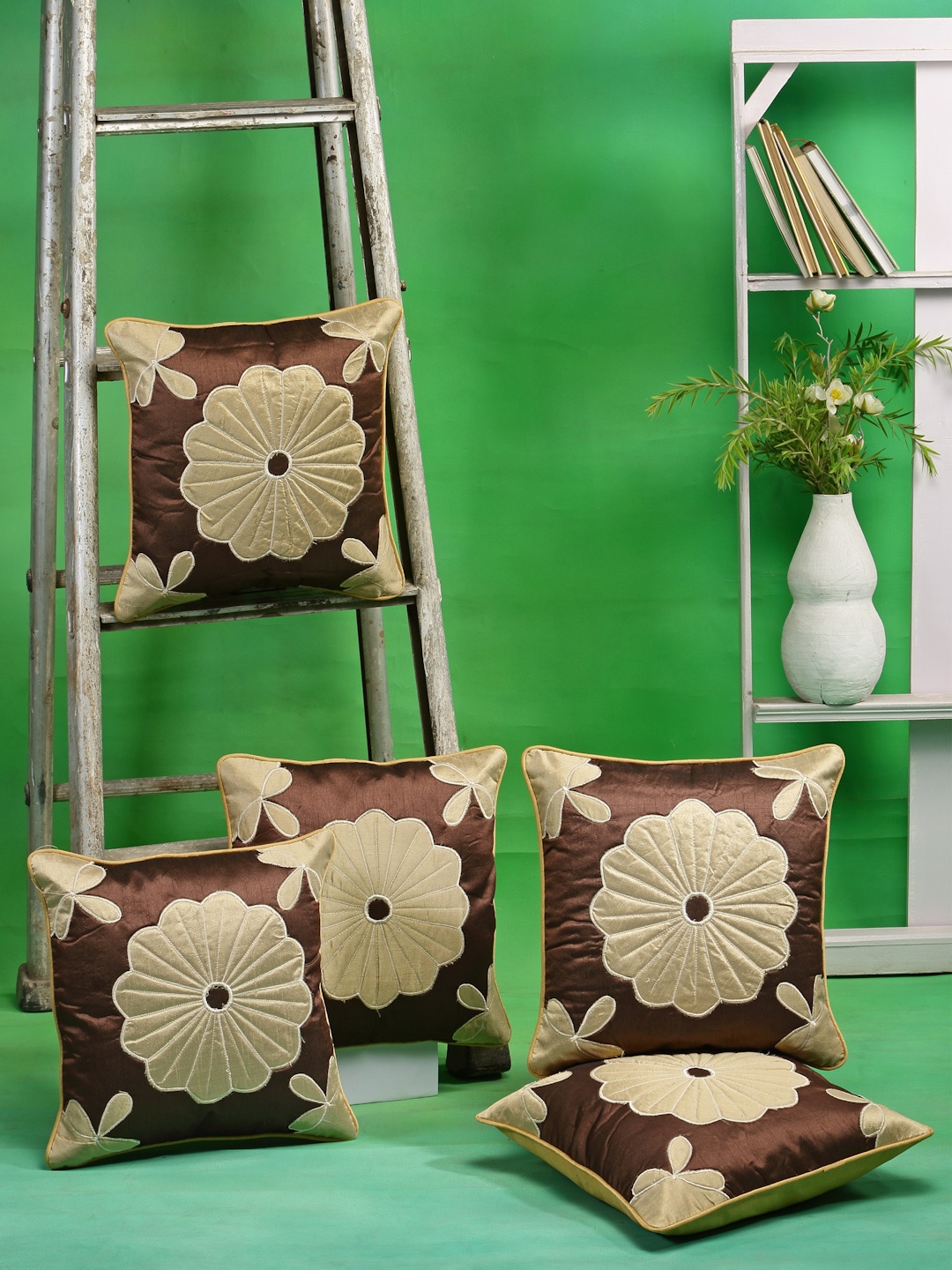

DREAM WEAVERZ Brown & Beige Set of 5 Embroidered Square Cushion Covers