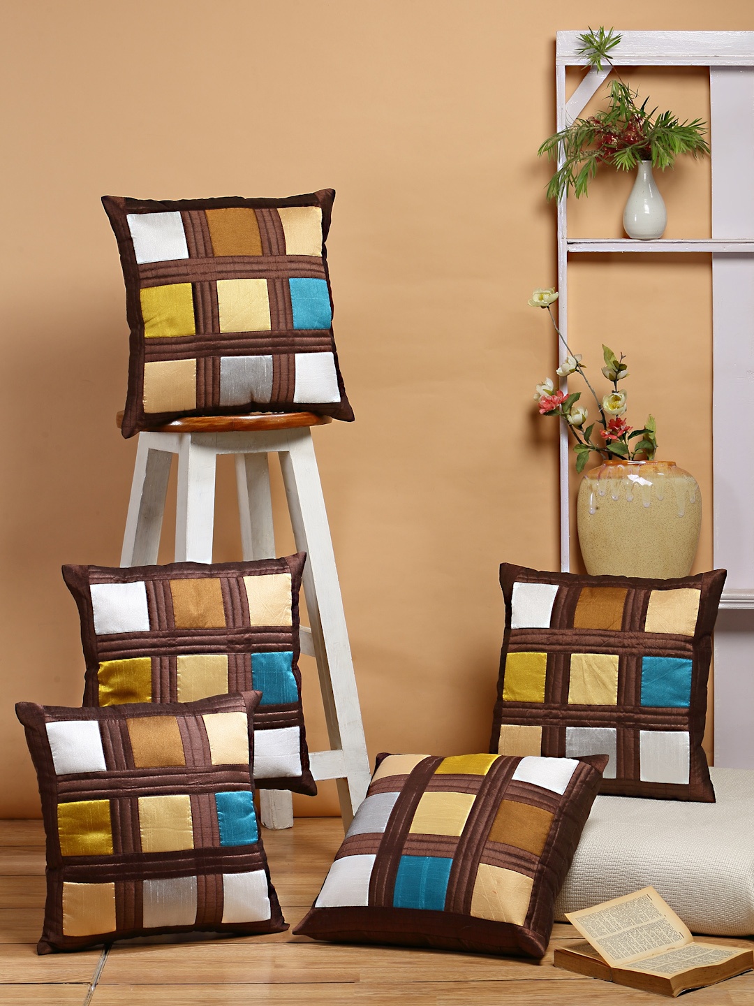 

DREAM WEAVERZ Coffee Brown & Blue Set of 5 Colourblocked Silk Square Cushion Covers