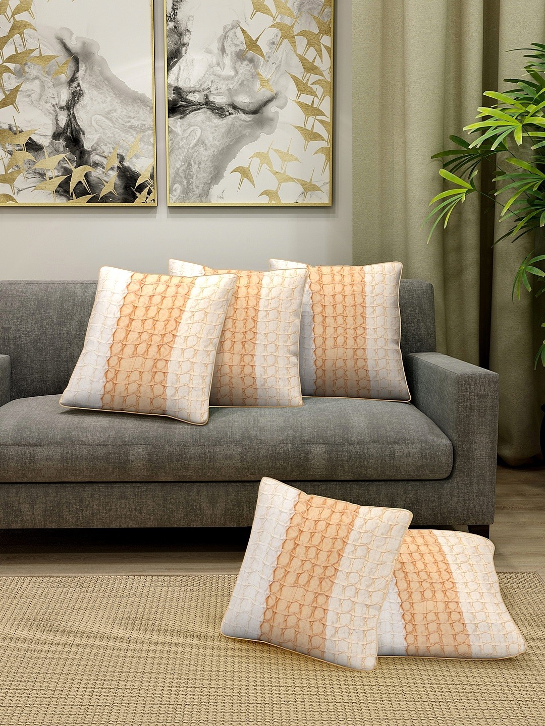 

DREAM WEAVERZ Beige & White Set of 5 Embroidered Silk Square Cushion Covers