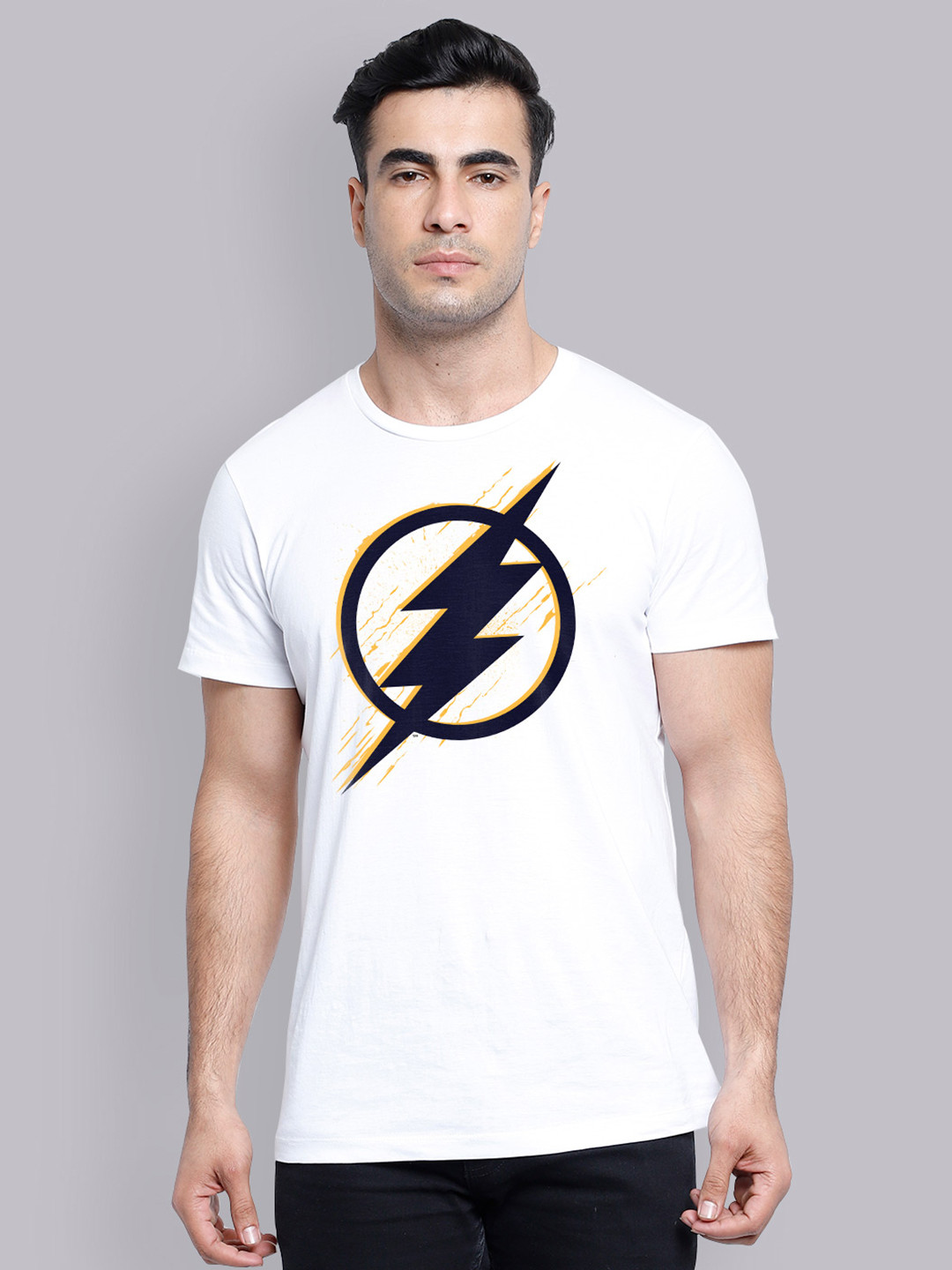 

Free Authority Men White Black Flash Printed Round Neck Pure Cotton T-shirt