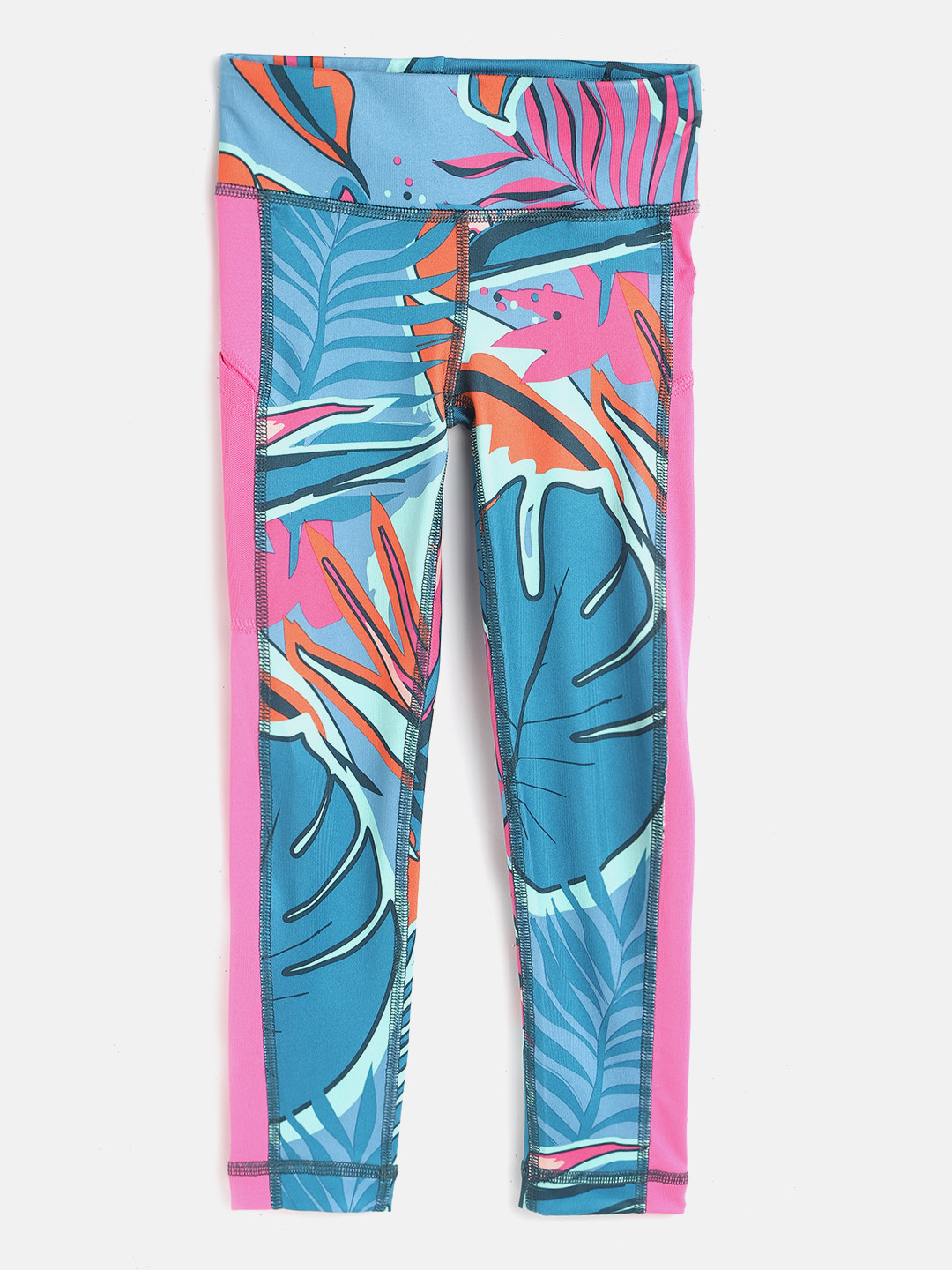 

ADIDAS Girls Blue & Pink Leaves All Over Print Aeroready Sustainable Tights