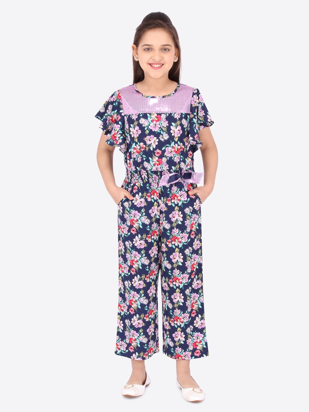 

CUTECUMBER Girls Navy Blue & Purple Floral Printed Culotte Jumpsuit