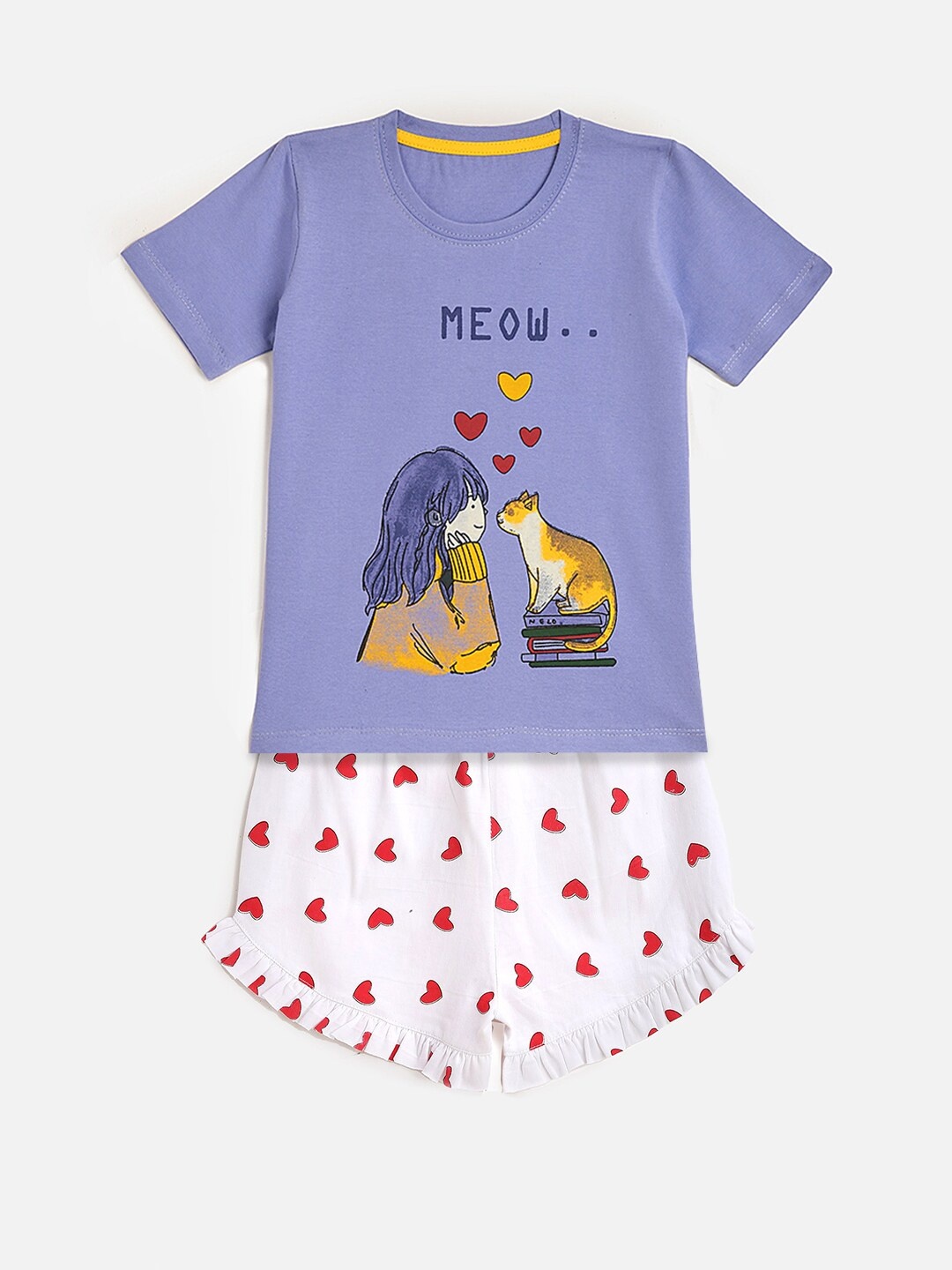 

KIDSCRAFT Girls Purple & White Printed T-shirt with Shorts