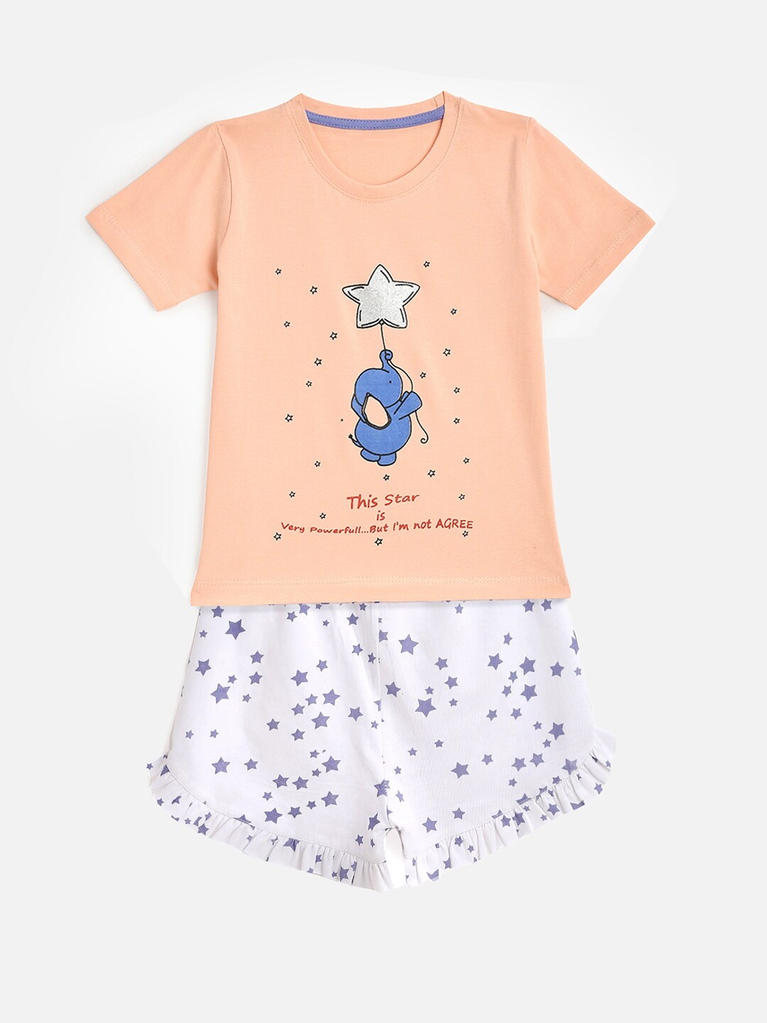 

KIDSCRAFT Girls Peach-Coloured & White Printed T-shirt with Shorts