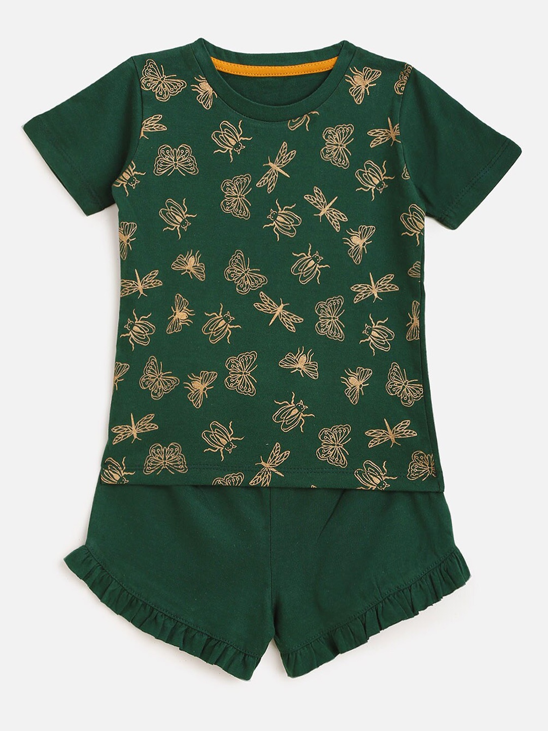 

KIDSCRAFT Girls Green Printed T-shirt with Shorts