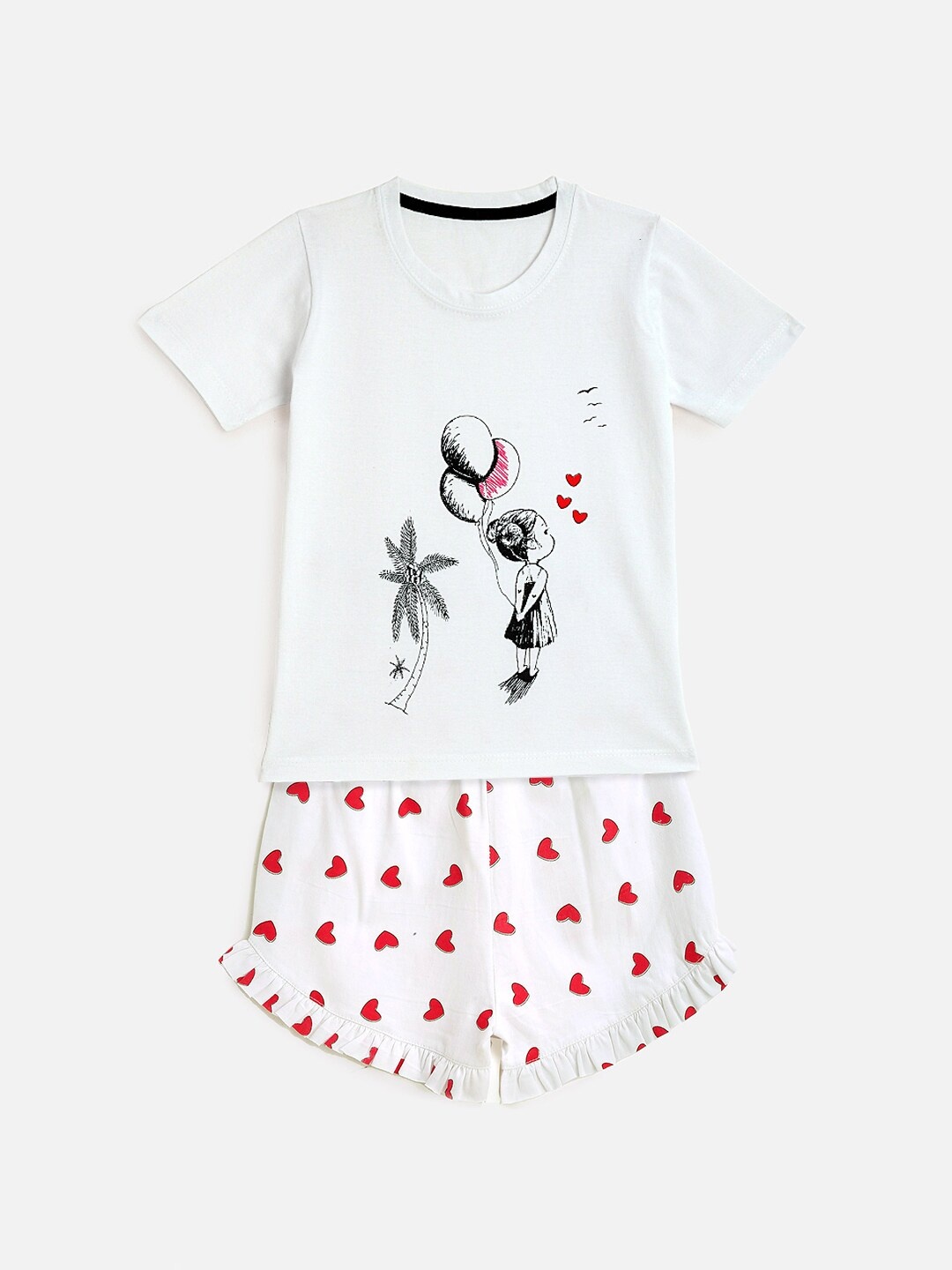 

KIDSCRAFT Girls White & Red Printed T-shirt with Shorts