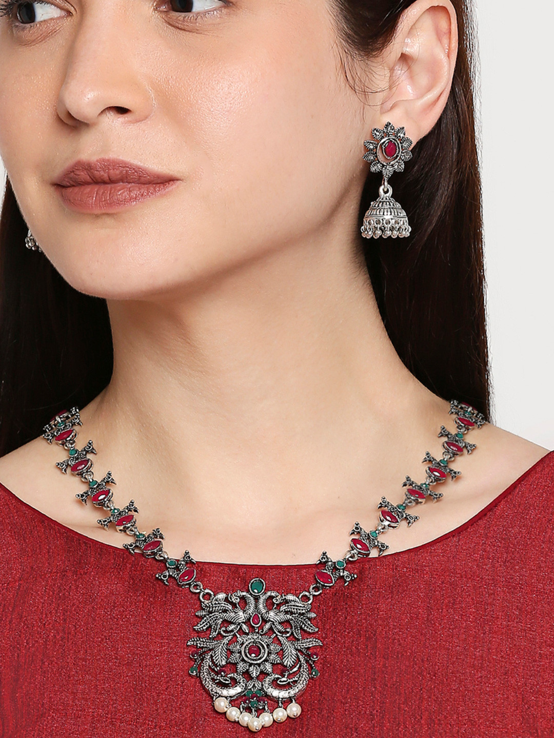 

OOMPH Oxidised Silver-Toned & Maroon Stone-Studded Peacock Design Jewellery Set