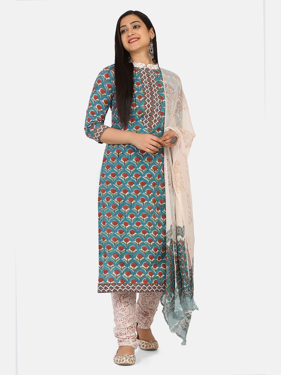 

Shaily Blue & Brown Pure Cotton Unstitched Dress Material