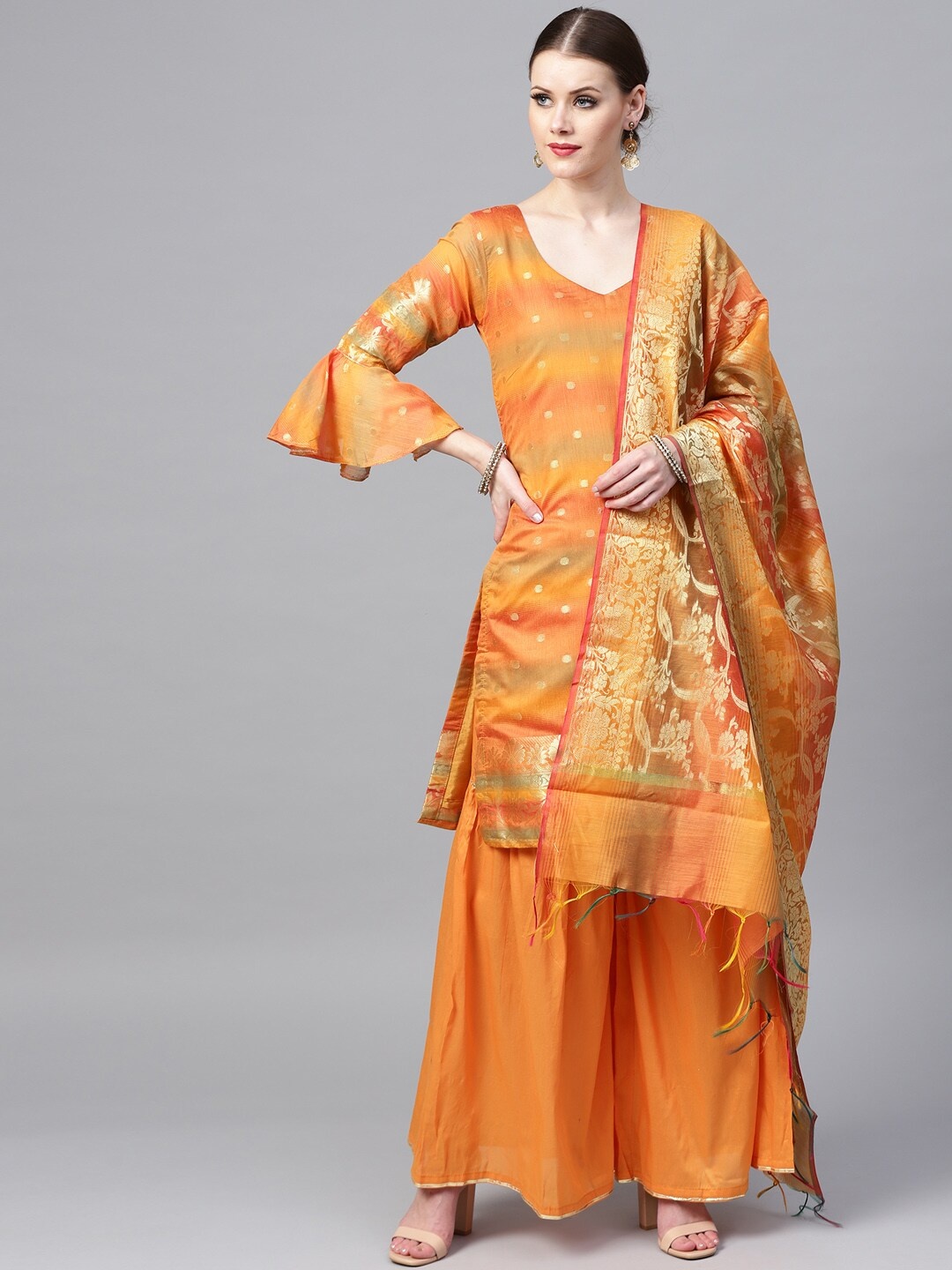 

Chhabra 555 Mustard & Orange Art Silk Unstitched Dress Material