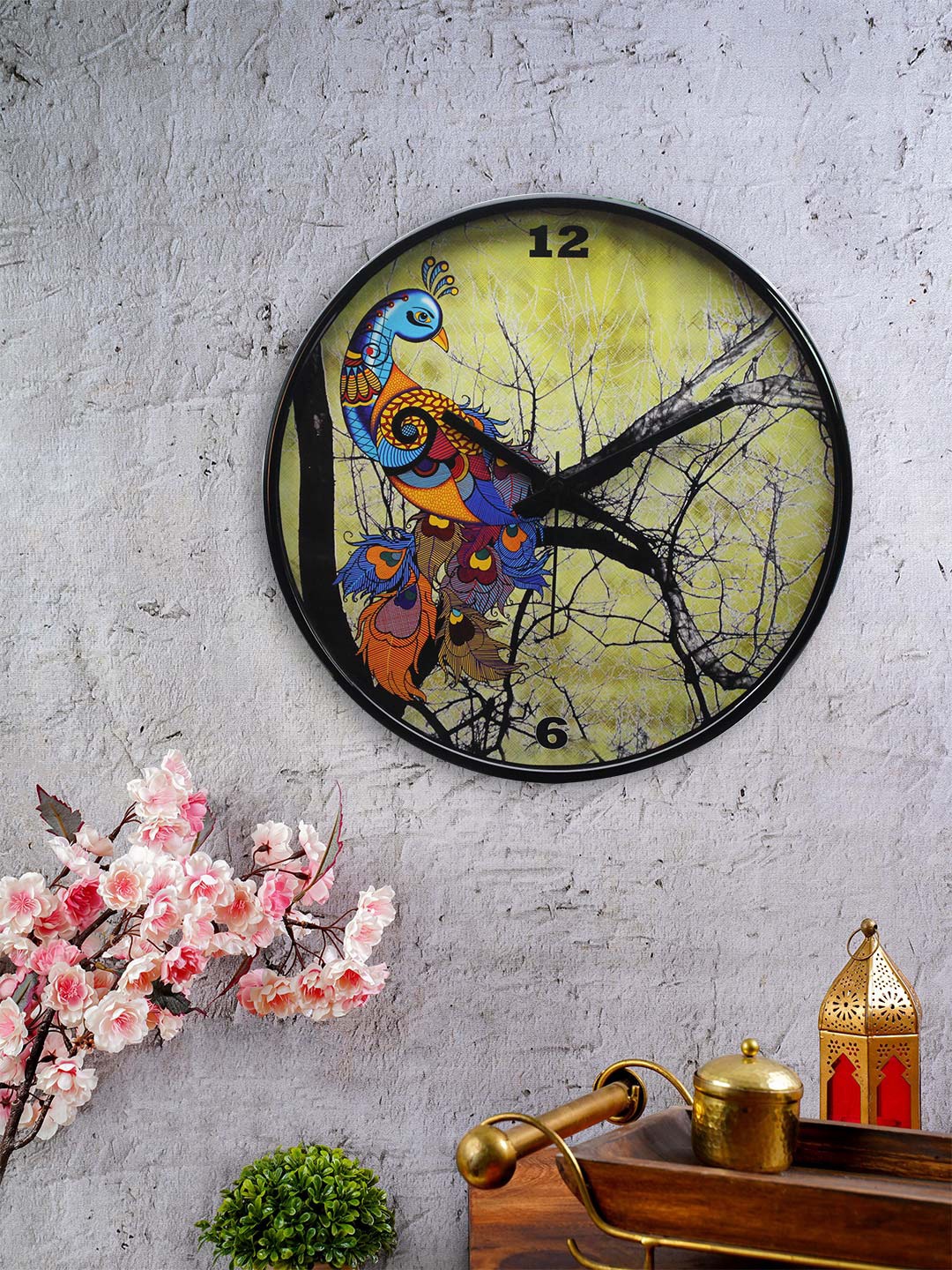 

KOLOROBIA Lime Green & Blue Round Charismatic Peacock Printed 30.4 cm Analogue Wall Clock