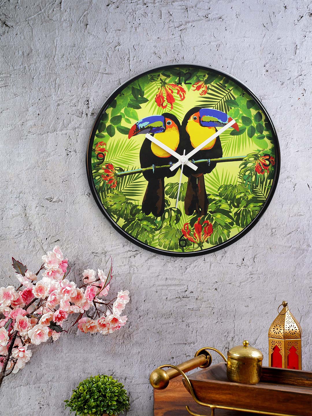 

KOLOROBIA Green & Black Round Tropical Toucan Printed 30.4 cm Analogue Wall Clock