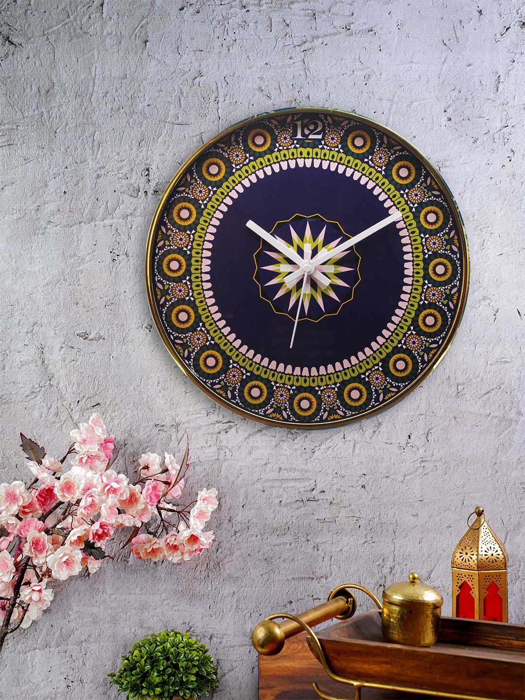 

KOLOROBIA Navy & Olive Green Round Moroccan Inspiration Print 30.4 cm Analogue Wall Clock, Navy blue