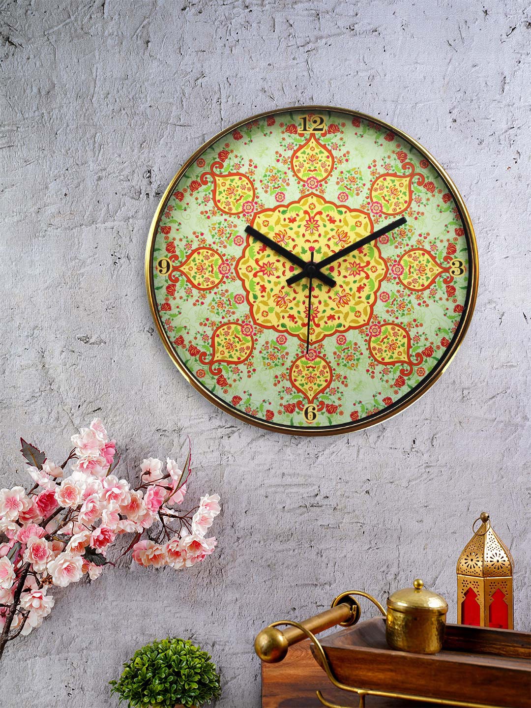 

KOLOROBIA Green & Orange Round Ornate Mughal Printed 30.4 cm Analogue Wall Clock
