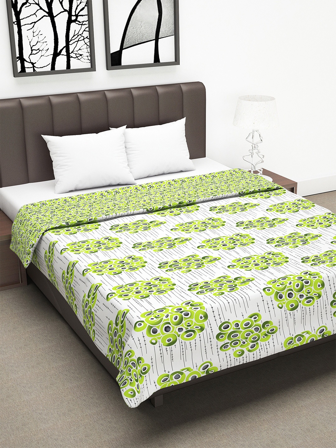 

Divine Casa Lime Green & White Abstract AC Room 110 GSM Double Bed Dohar