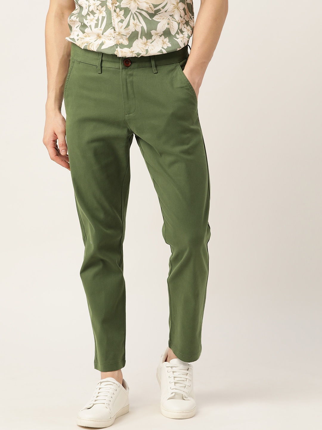 

Mr Bowerbird Men Olive Green Tailored Fit Cropped Chinos