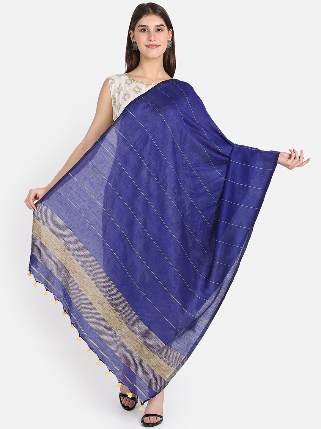 

THE WEAVE TRAVELLER Navy Blue Embroidered Dupatta