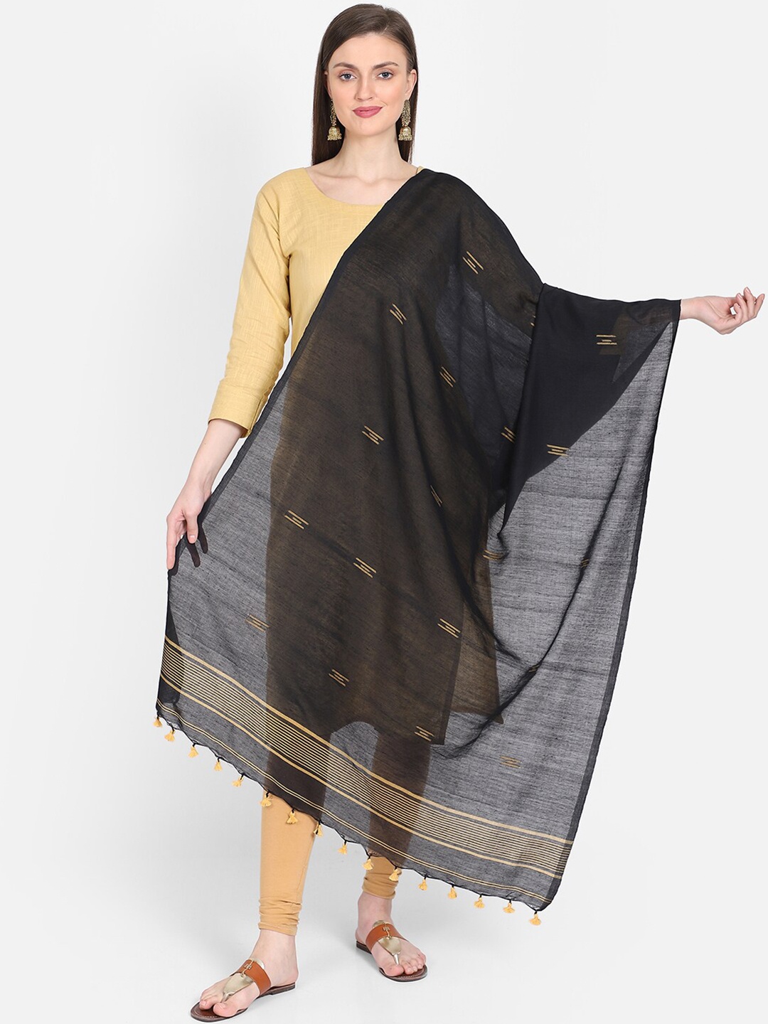 

THE WEAVE TRAVELLER Black & Gold-Toned Woven Design Dupatta