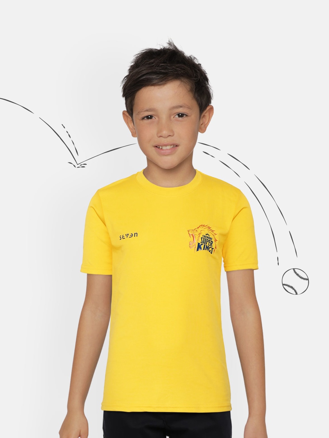 

SEVEN by MS Dhoni Boys Yellow Blue Chennai Super Kings IPL Print Pure Cotton Cricket T-shirt
