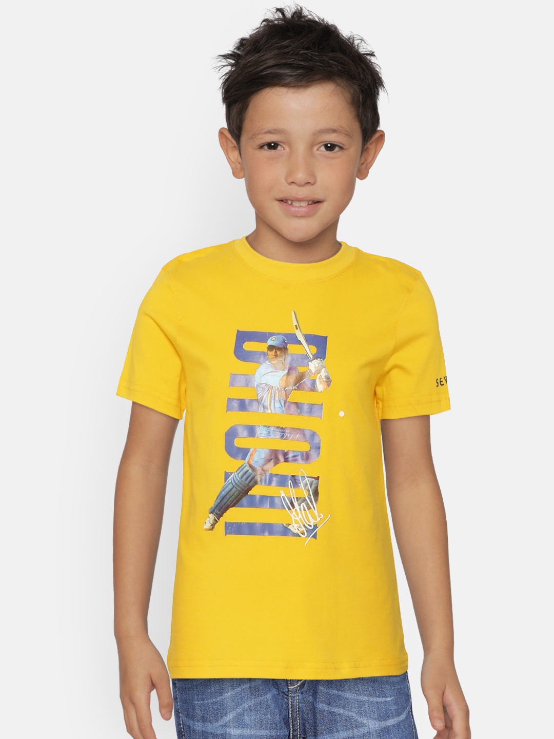 

SEVEN by MS Dhoni Boys Mustard Yellow Blue CSK IPL Print Detail Pure Cotton Cricket T-shirt