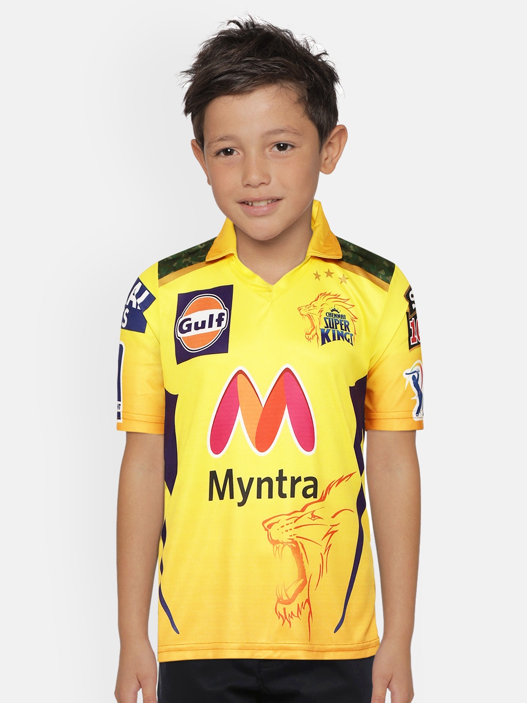 

SEVEN by MS Dhoni Boys Yellow & Pink Myntra Brand Logo CSK IPL Print Polo Collar Cricket T-shirt