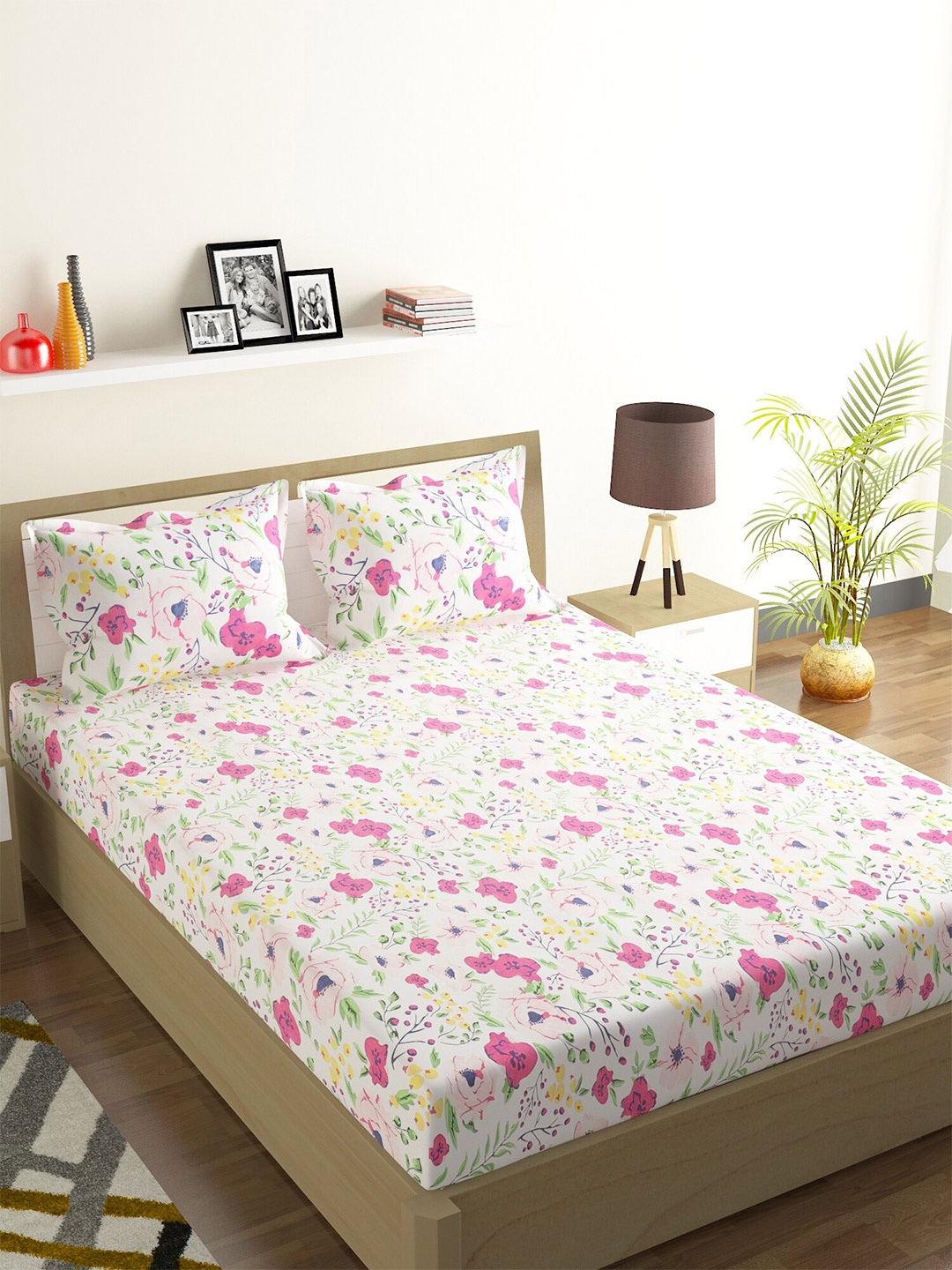 

ROMEE White & Pink Floral 144 TC Microfiber Queen Bedsheet with 2 Pillow Covers