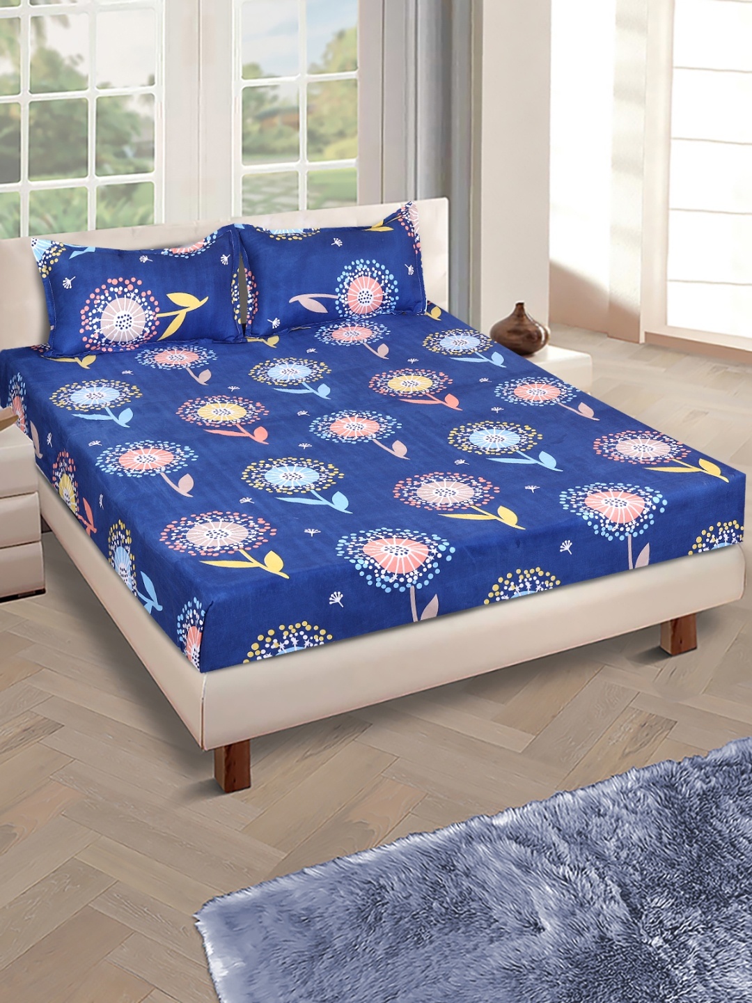 

ROMEE Floral 144 TC Microfiber Queen Bedsheet with 2 Pillow Covers, Blue