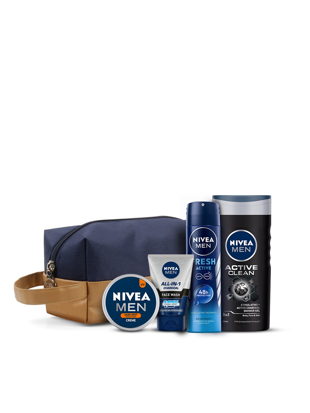

Nivea Men Set of Charcoal Face Wash+Fresh Active Deodorant+Active Clean Shower Gel+Creme, Navy blue