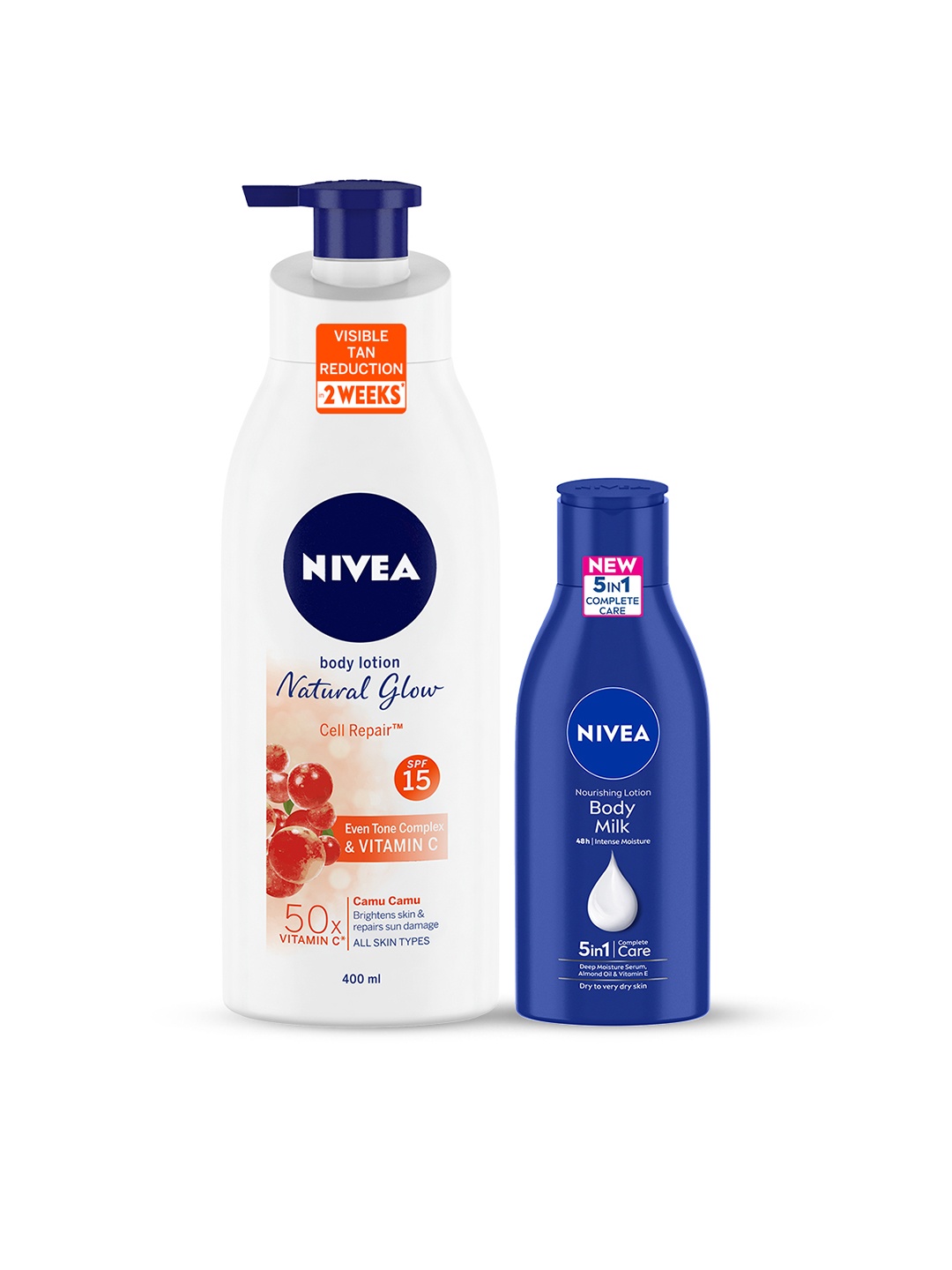 

Nivea Set of Extra Whitening Cell Repair Body Lotion 400ml & Nourishing Body Milk 120ml, White