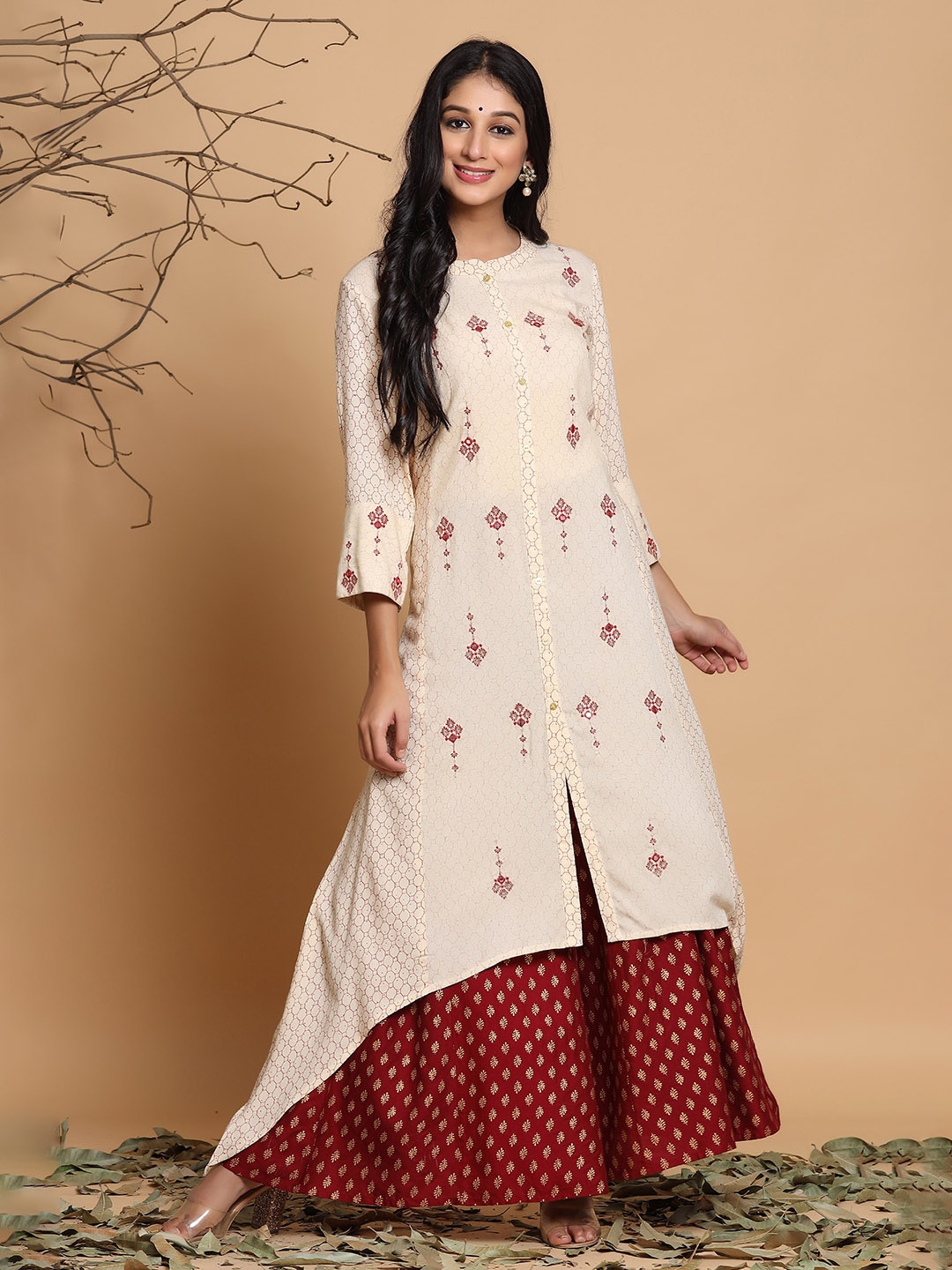 

Juniper Cream Women Coloured & Maroon Printed Panelled Asymmetric Kurta