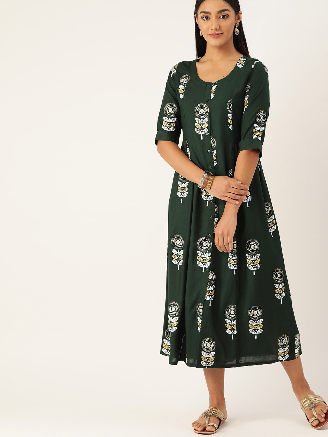 

Anouk Women Green & White Ethnic Motifs Printed A-Line Midi Dress