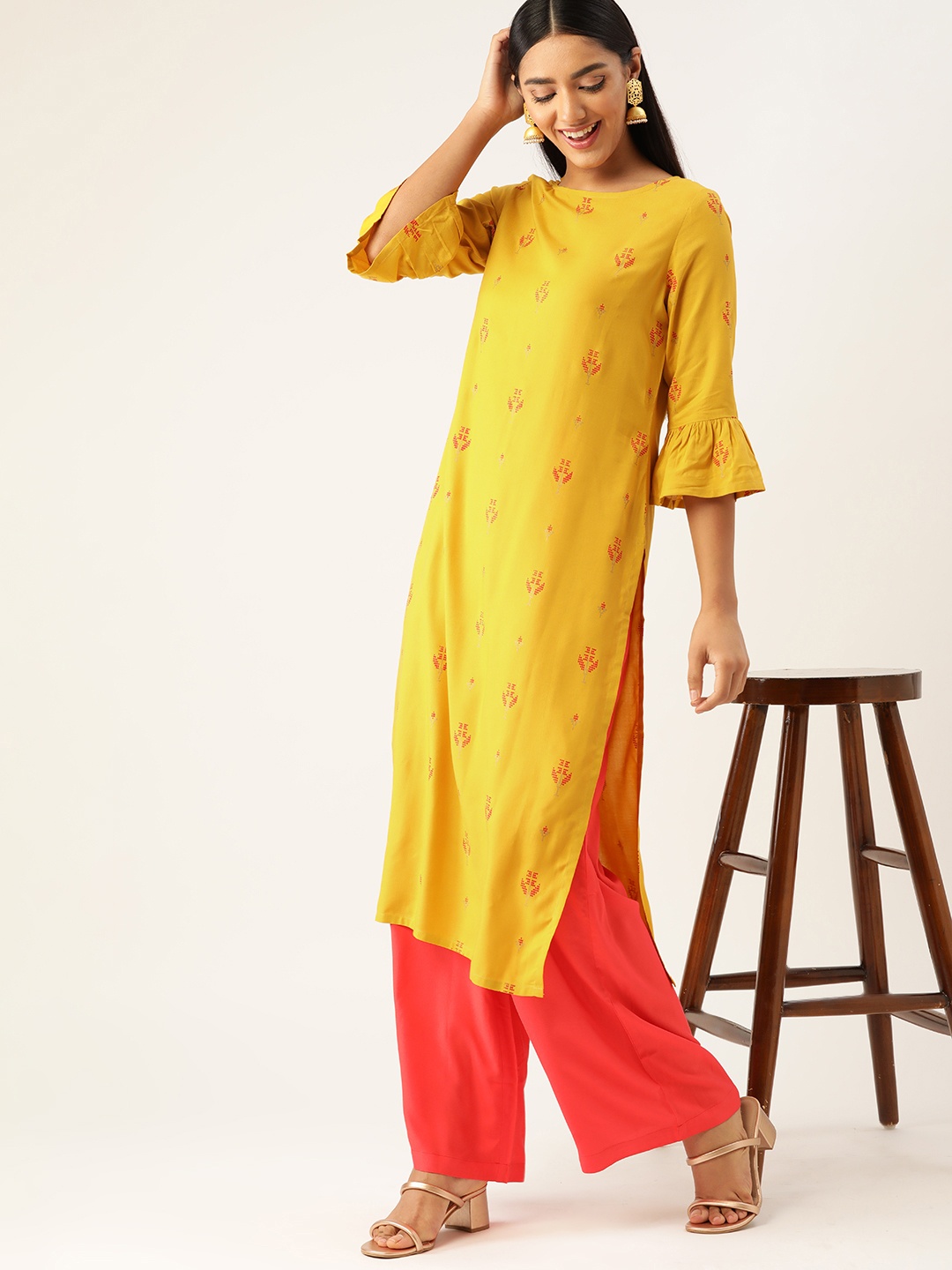 

Anouk Women Mustard Yellow & Coral Pink Printed Kurta with Palazzos