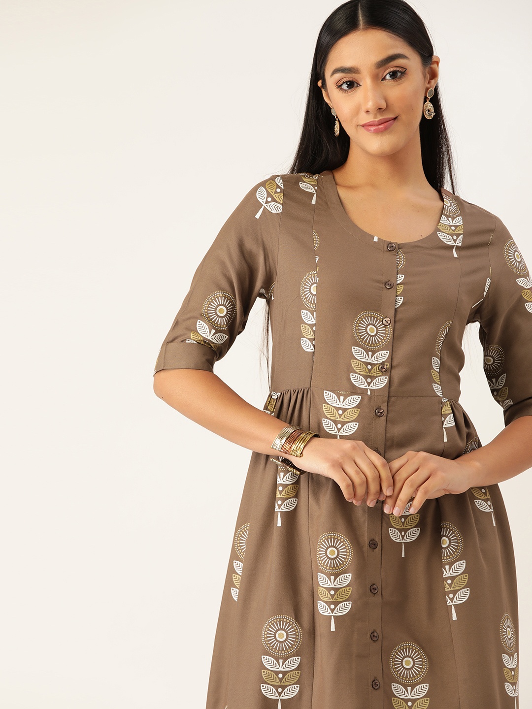 

Anouk Women Brown & White Ethnic Motifs Printed A-Line Midi Dress