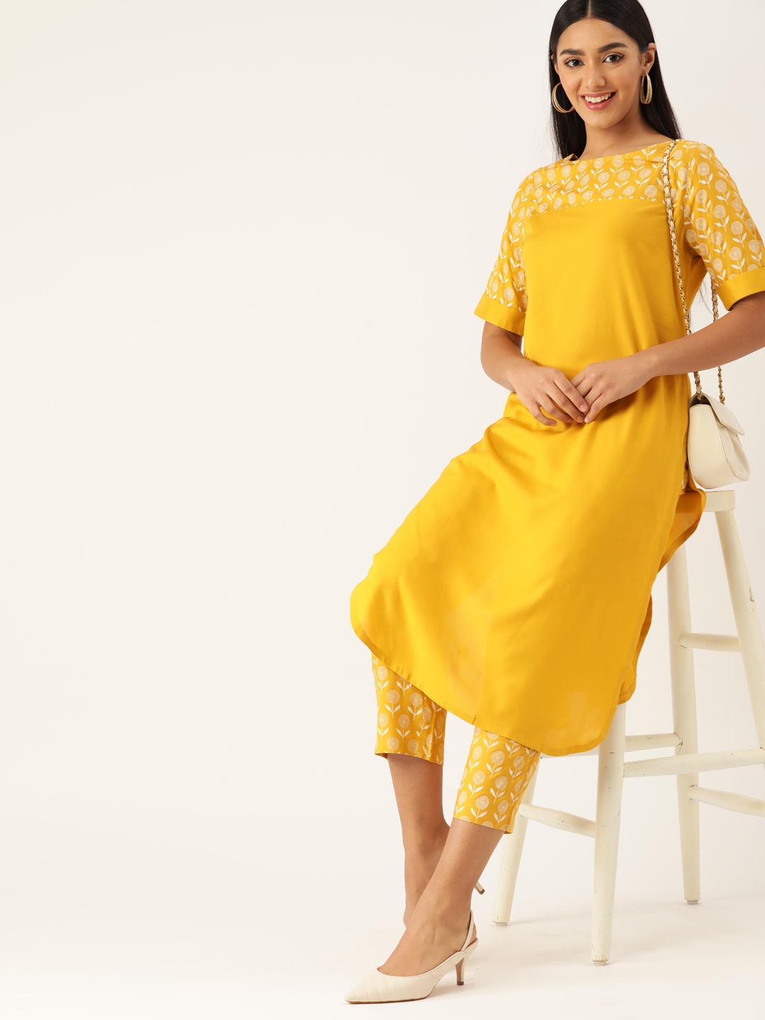 

Anouk Women Mustard Yellow & White Ethnic Motifs Printed Kurta with Trousers