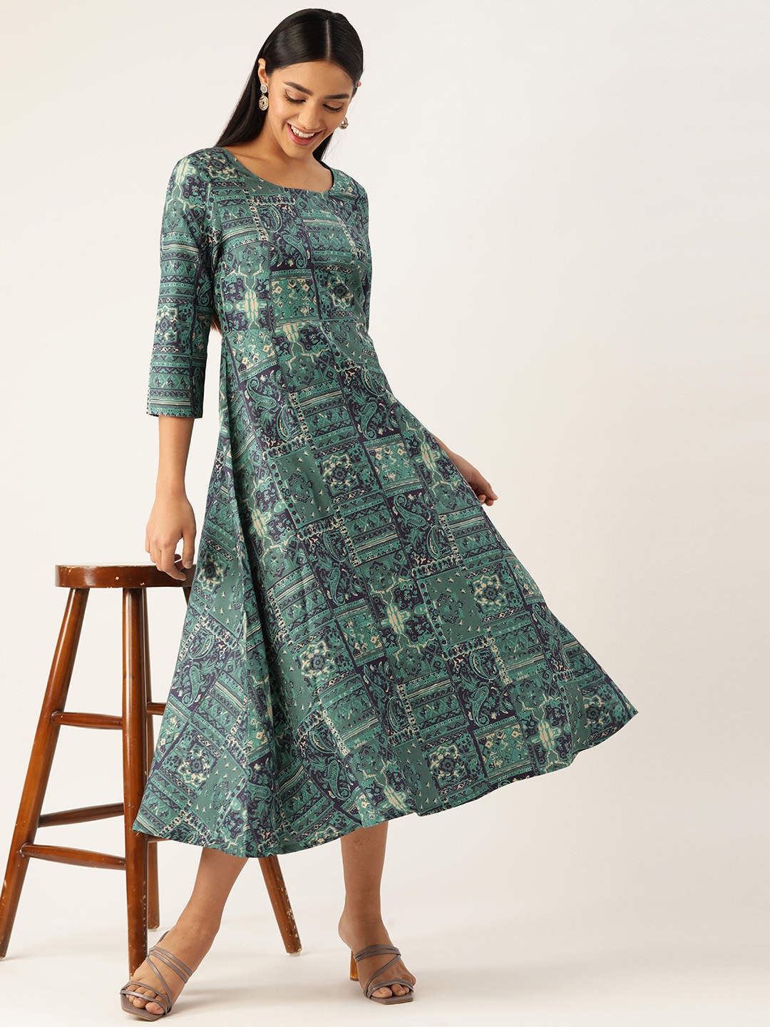 

Anouk Women Green & Navy Blue Ethnic Motifs Printed A-Line Midi Dress