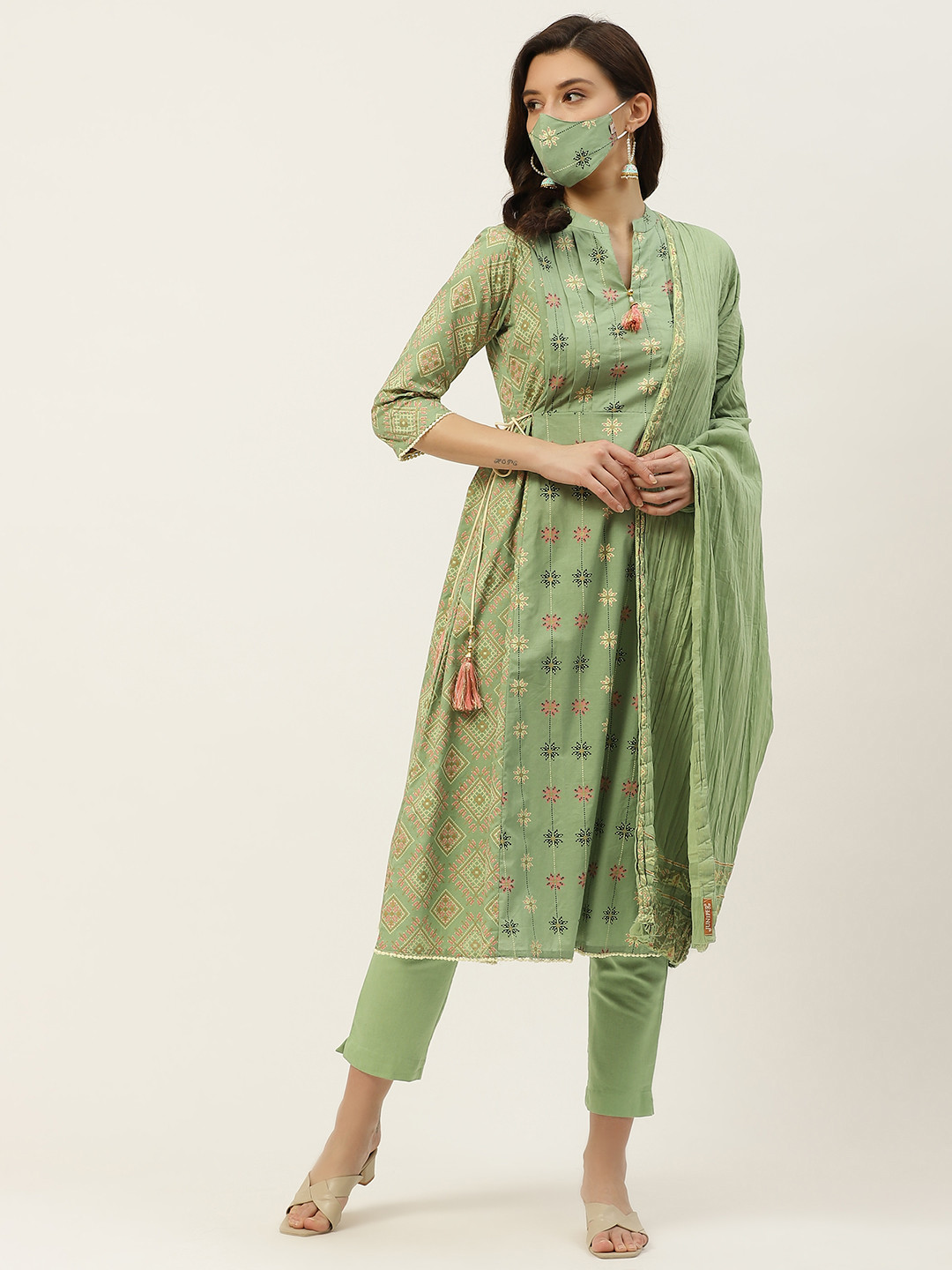 

Juniper Women Sea Green & Mustard Yellow Pure Cotton Printed Kurta with Trousers & Dupatta