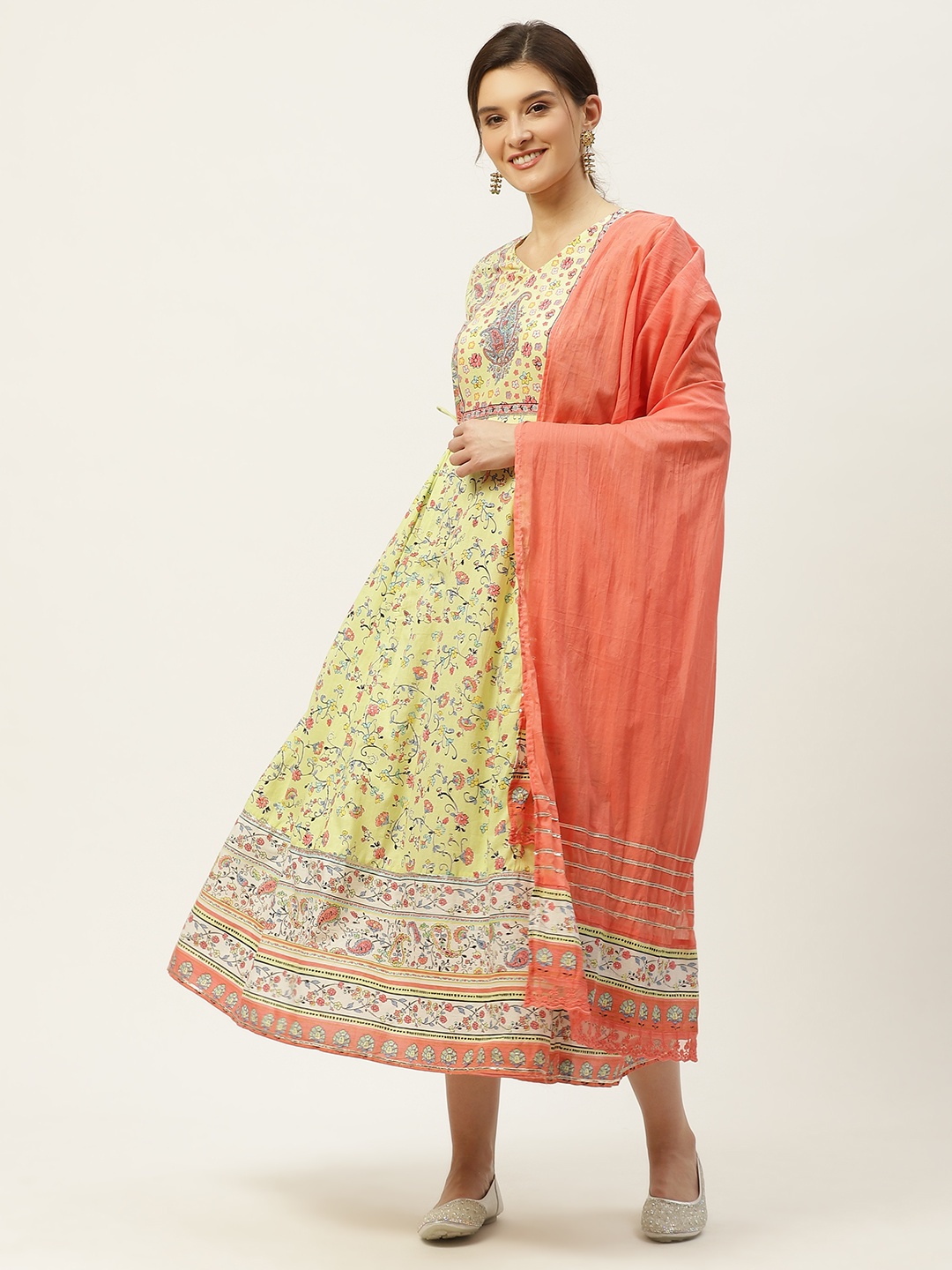 

Juniper Yellow & Coral Orange Ethnic Motifs Cambric Cotton A-Line Midi Dress
