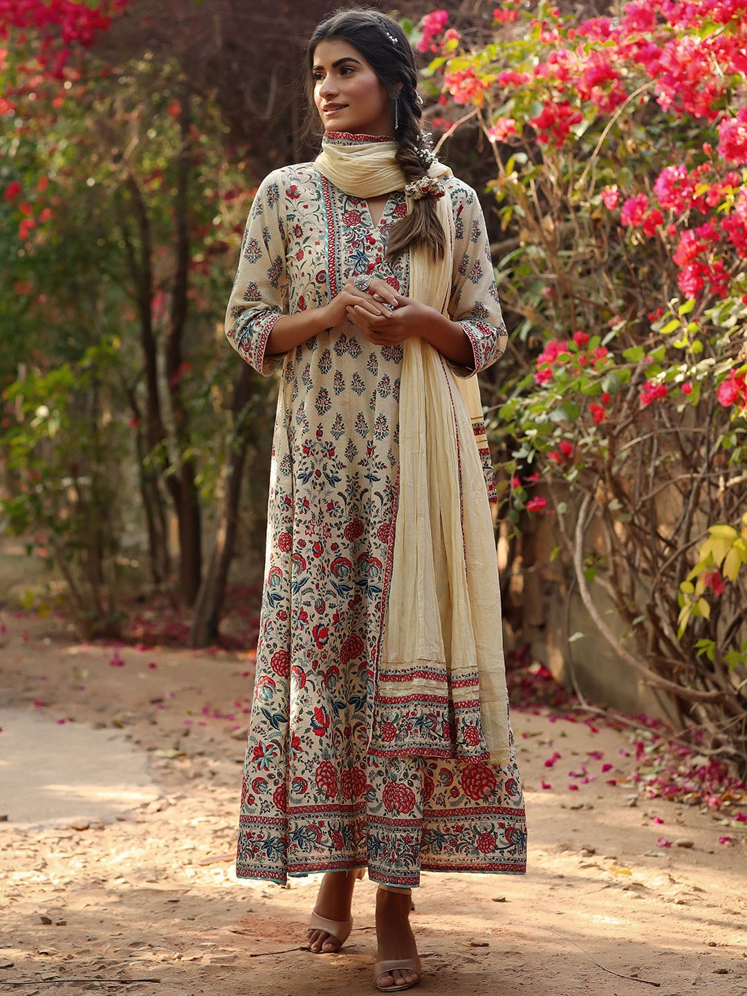 

Juniper Beige & Coral Red Floral Ethnic Cambric Cotton A-Line Midi Dress