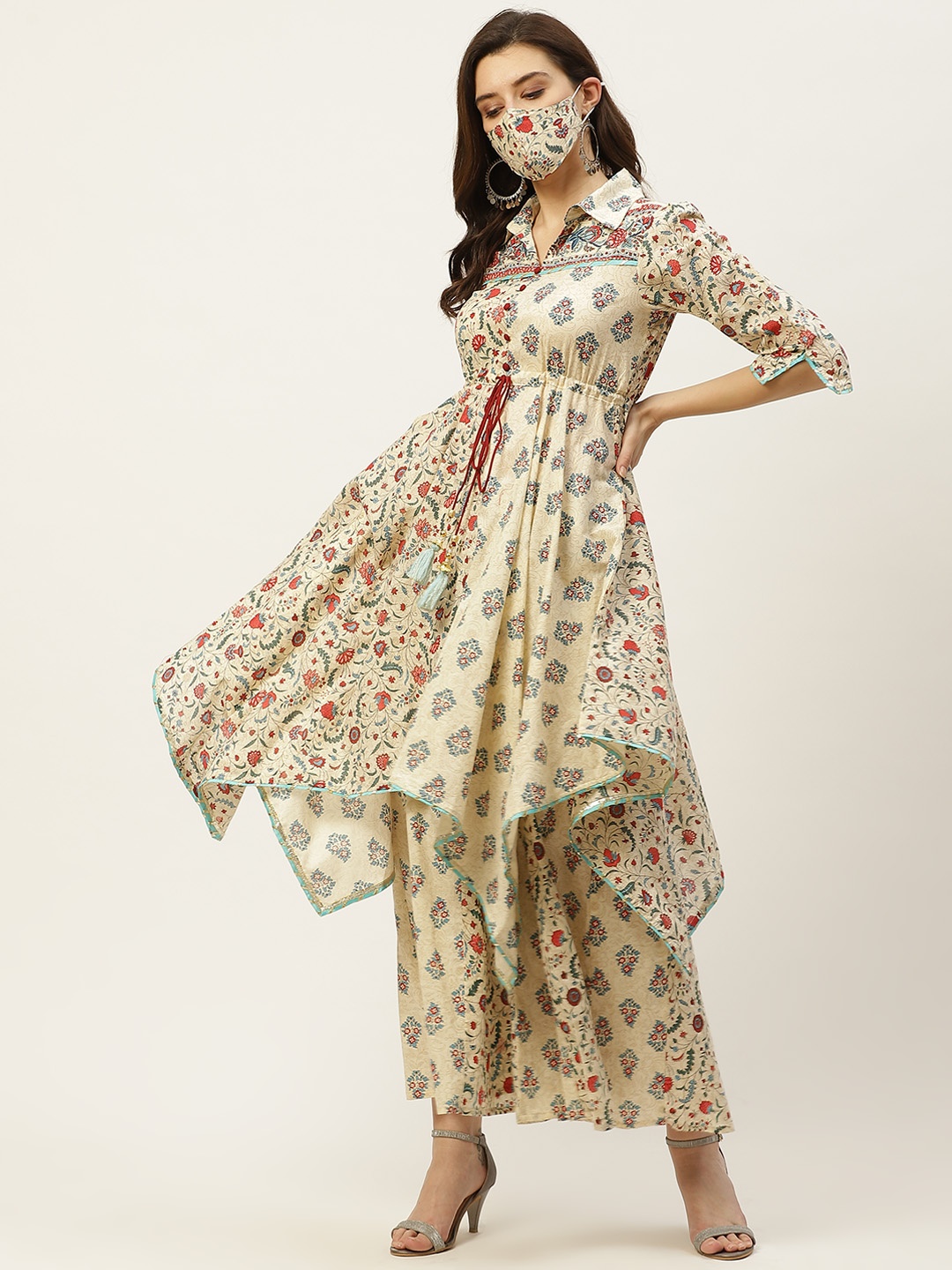 

Juniper Women Beige & Maroon Printed Tunic with Palazzos & Mask