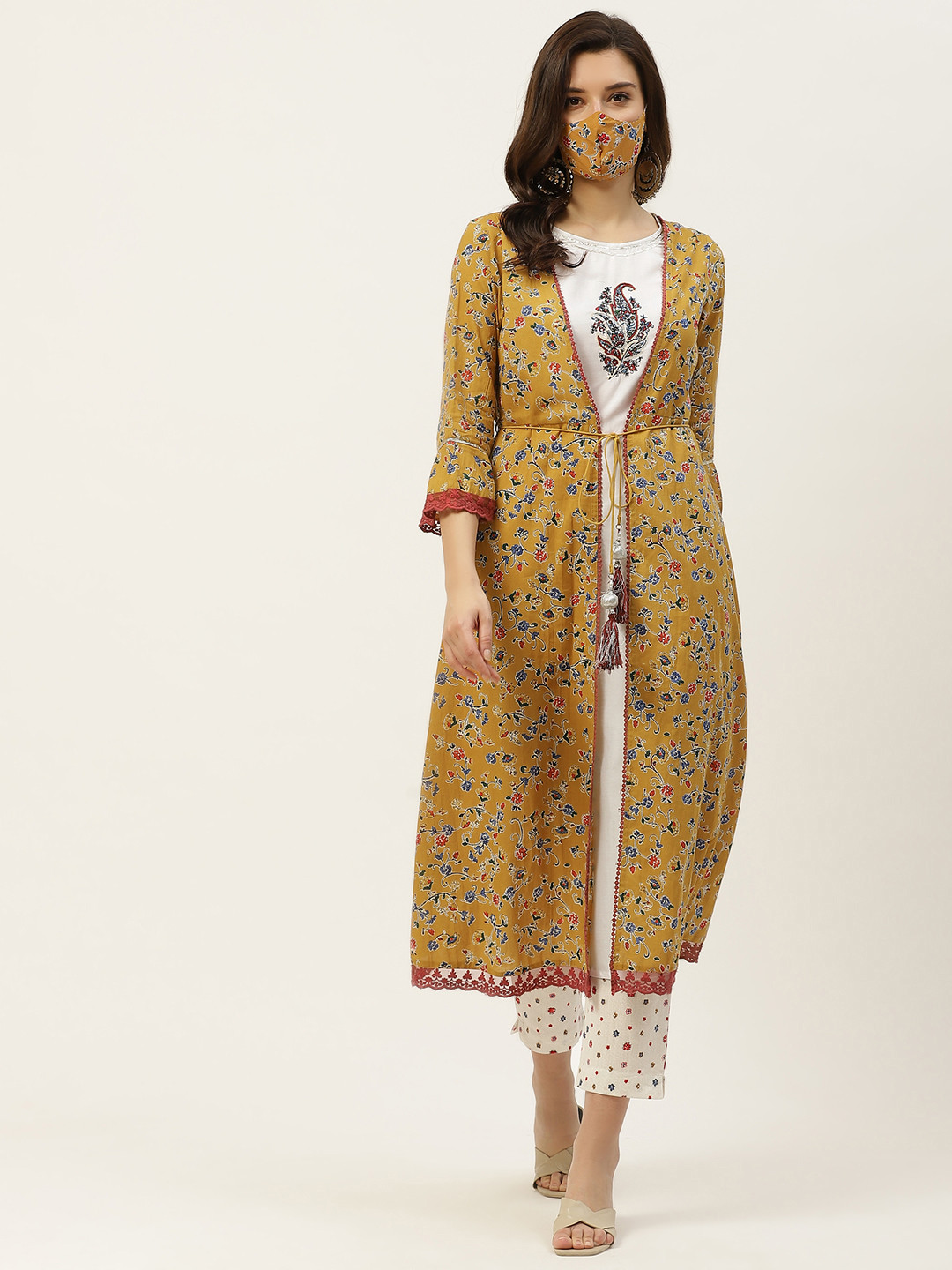 

Juniper Women Mustard & Off White Pure Cotton Printed Layered Kurta with Trousers