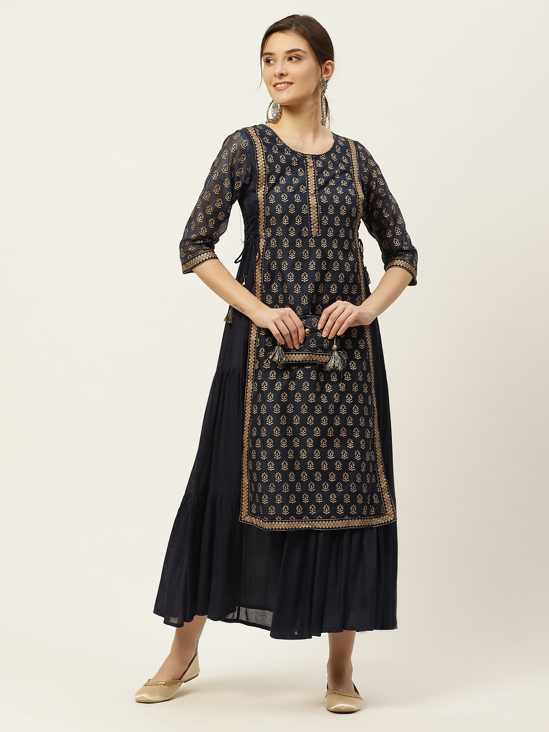 

Juniper Navy Blue & Gold-Toned Ethnic Motifs Layered Ethnic Maxi Dress