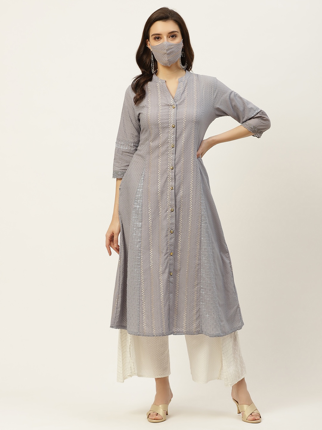 

Juniper Women Grey & Golden Pure Cotton Striped Dobby Kurta