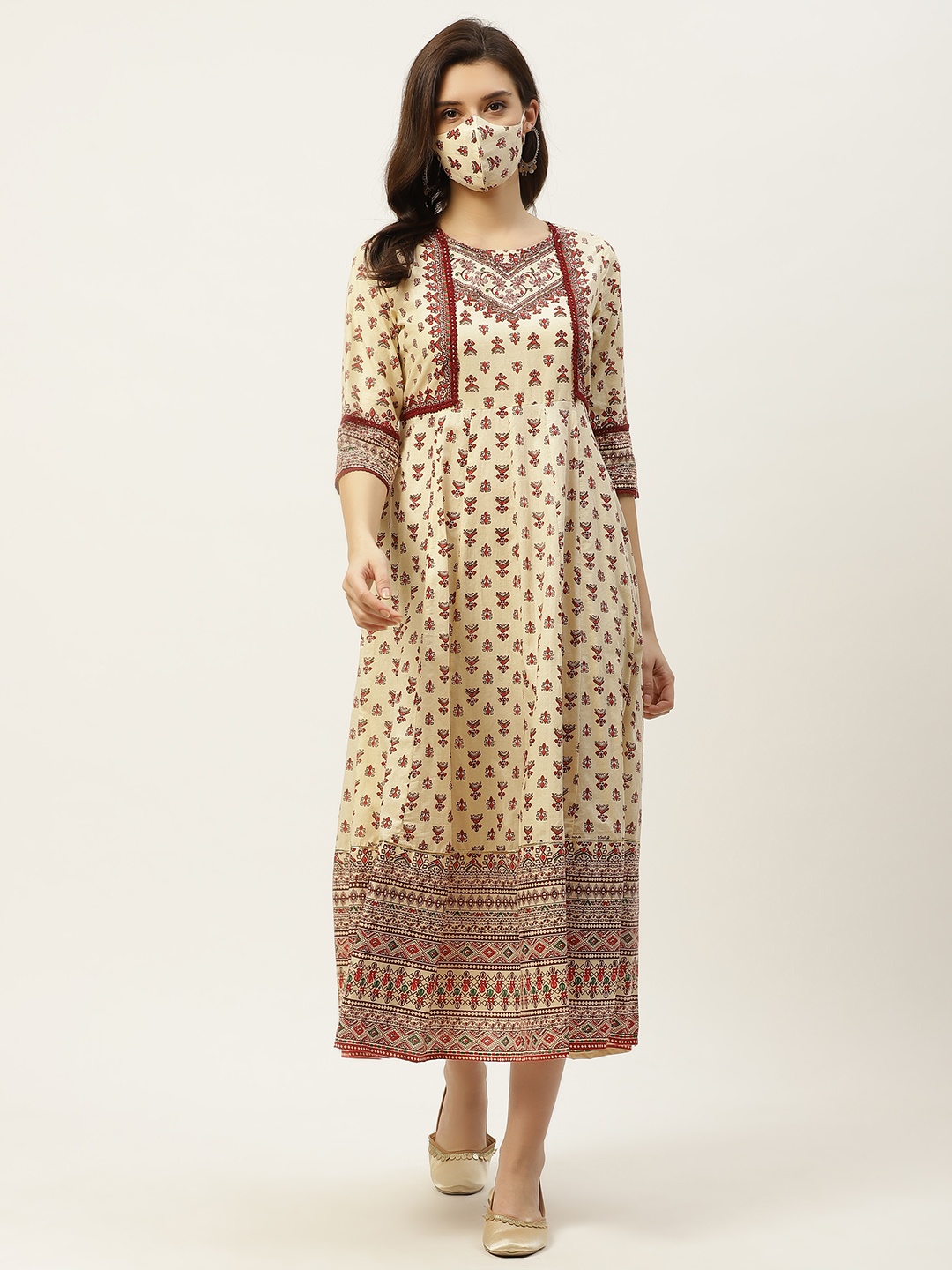 

Juniper Cream-Coloured & Maroon Ethnic Motifs Cambric Cotton A-Line Midi Dress