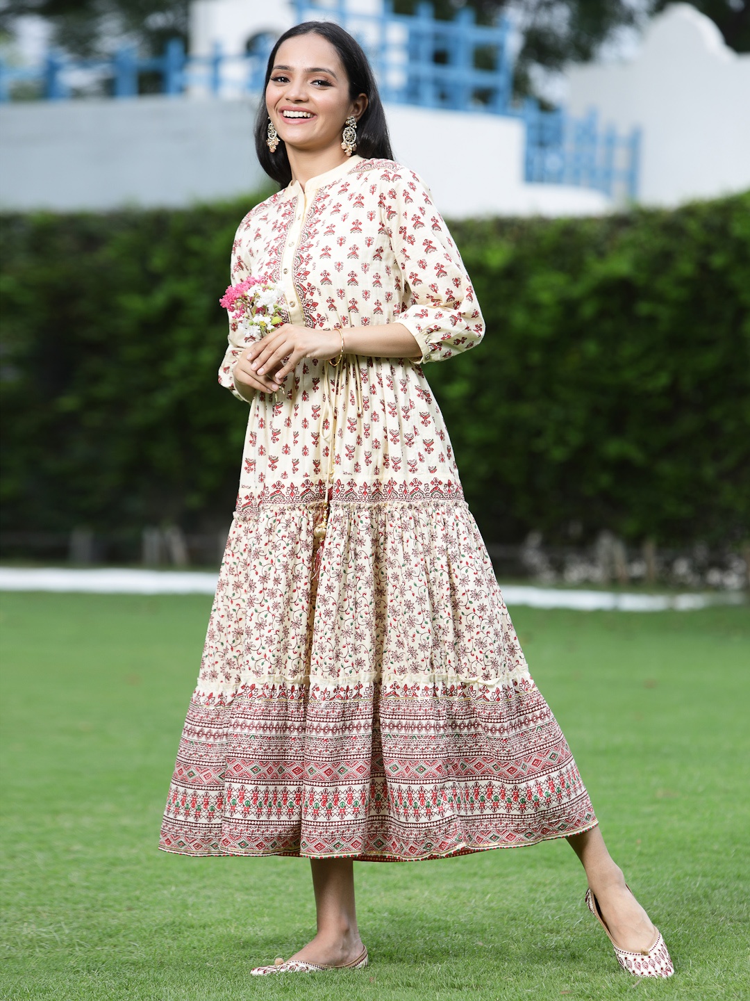 

Juniper Cream-Coloured & Maroon Ethnic Motifs Cambric Cotton A-Line Midi Dress