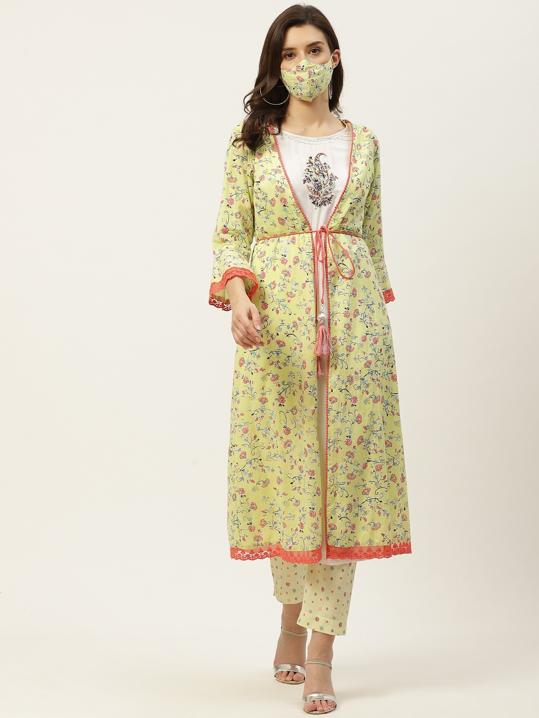 

Juniper Women Lime Green Printed Layered Gotta Patti Cotton Kurta Set With Matching Mask