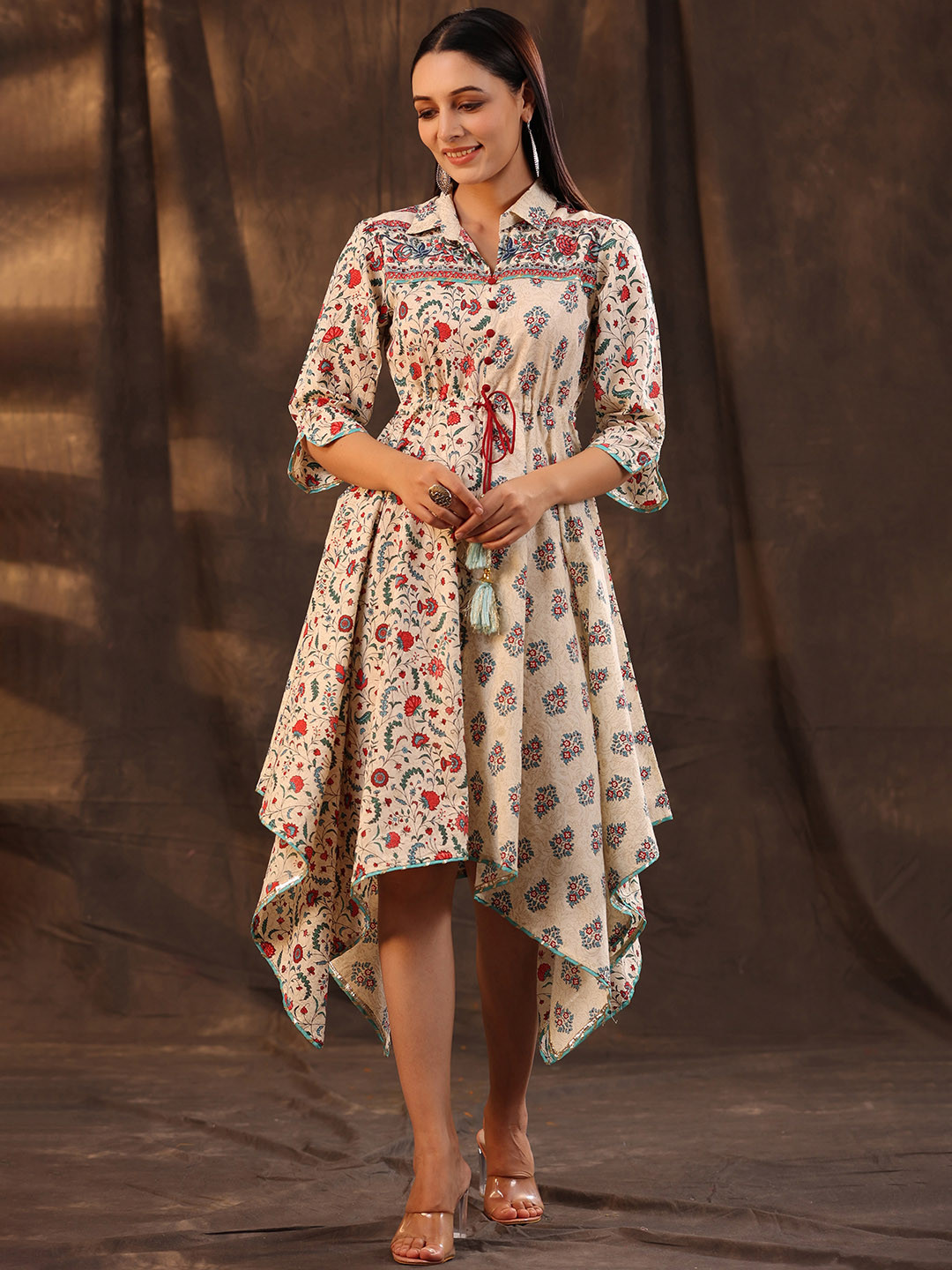 

Juniper Beige & Coral Floral A-Line Midi Dress