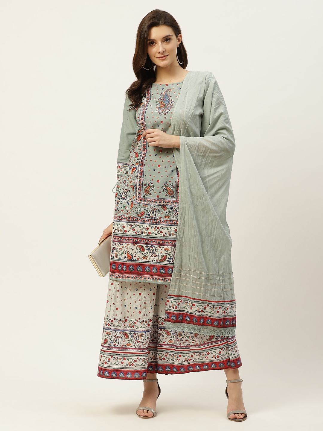 

Juniper Women Grey Ethnic Motifs Printed Gotta Patti Straight Kurta Set