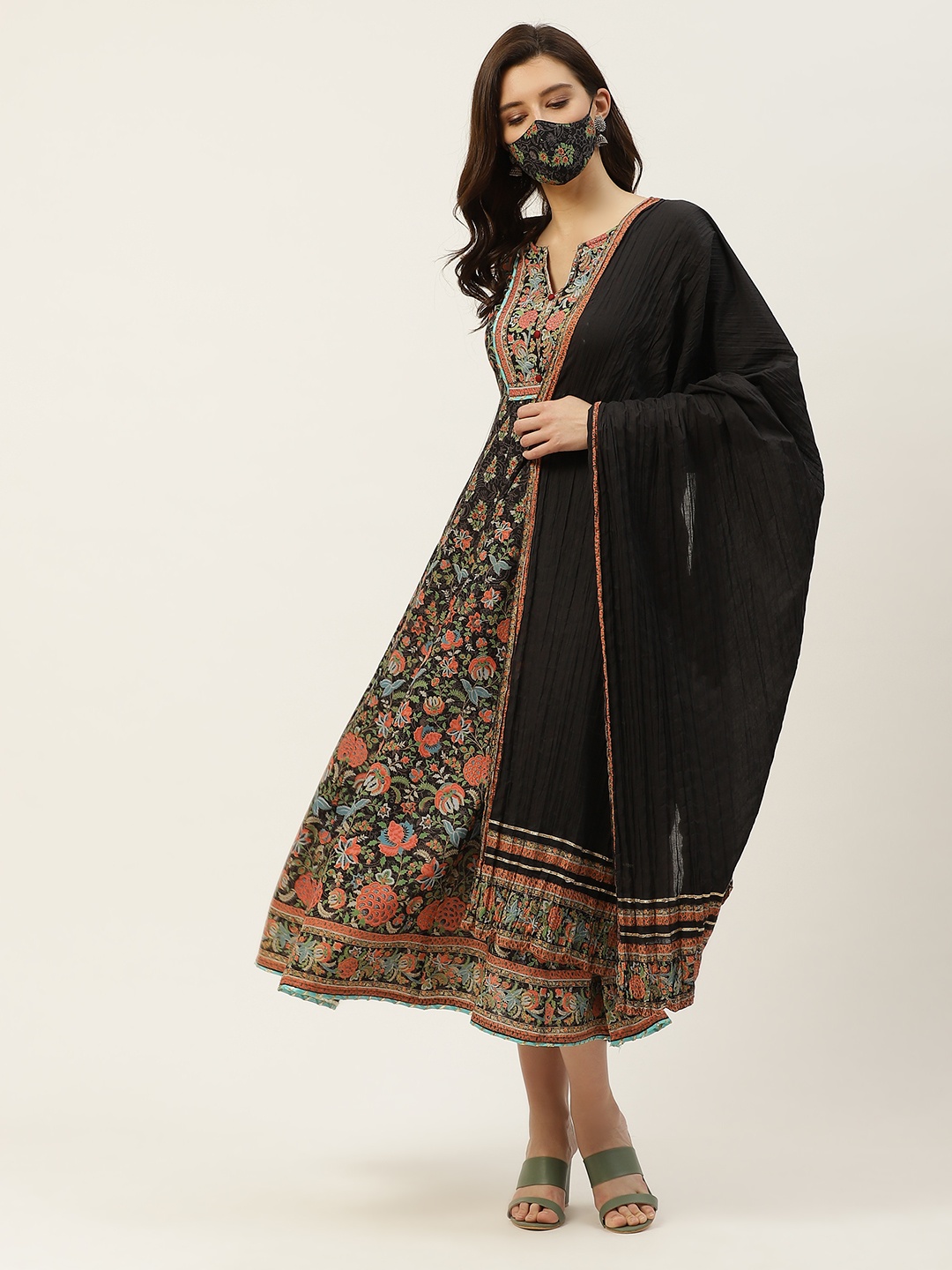 

Juniper Black & Red Ethnic Motifs Ethnic Maxi Dress with Dupatta & Mask