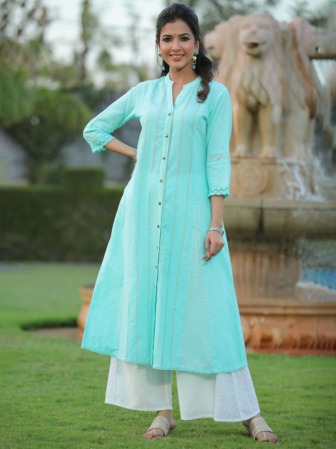 

Juniper Women Blue & Golden Pure Cotton Striped Dobby Kurta